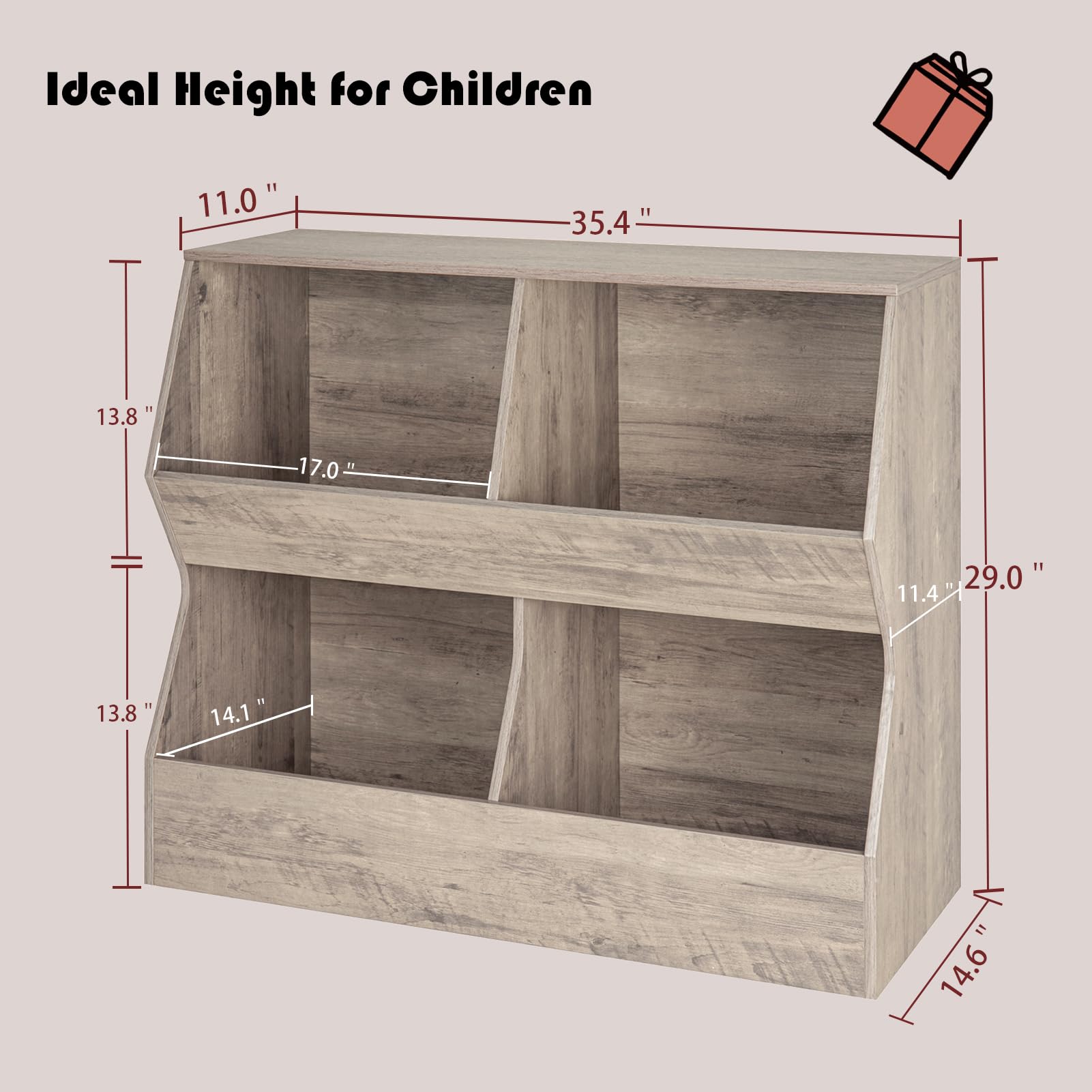 DINZI LVJ Kids Bookshelf & Toy Storage Organizer - 4 Cubby Wooden Toy Cabinet, Greige Children's Bookcase (35.4