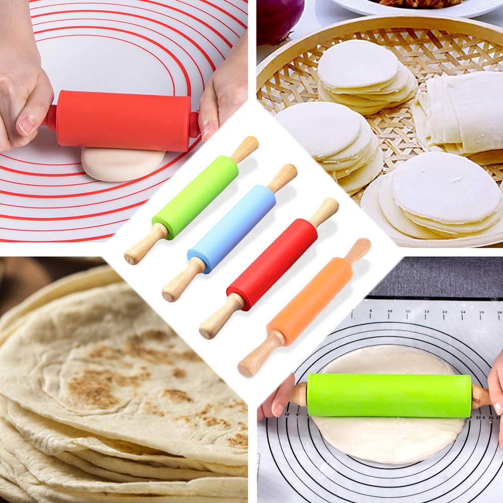 9 Inch Non-Stick Silicone Rolling Pin with Wooden Handle - Perfect for Baking Pizza, Tortilla, Dough, Bread, Cookies & Dumplings | Ideal for Home Kitchen & Professional Bakers (Red)