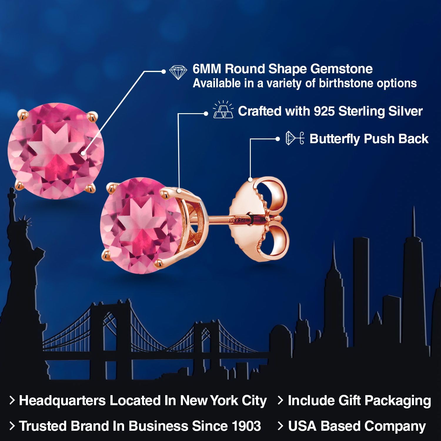 Gem Stone King 18K Rose Gold Plated Sterling Silver 6MM Round Birthstone Stud Earrings for Women & Men | Personalized Jewelry Gift for Birthday, Anniversary & Special Occasions