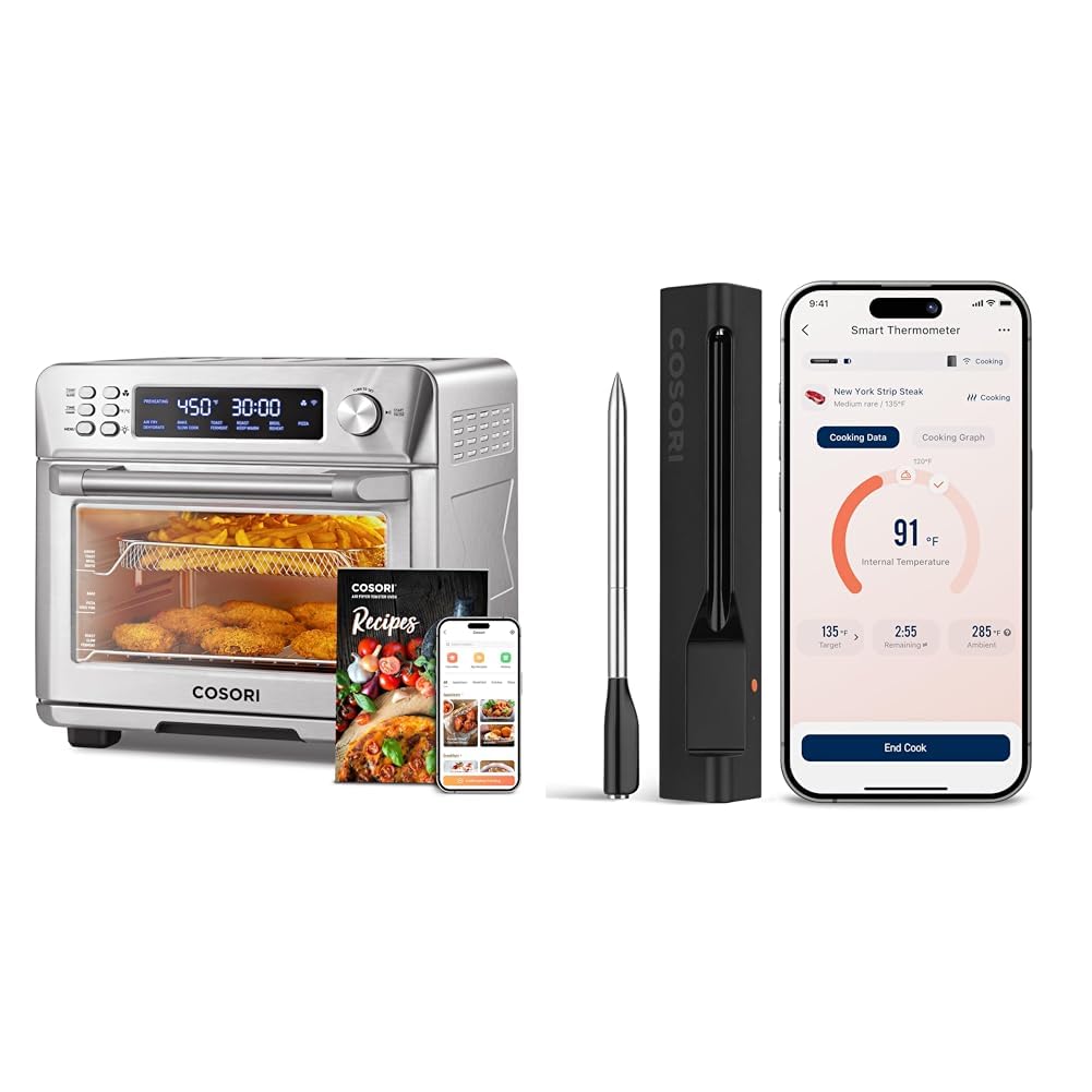 COSORI Smart 11-in-1 Air Fryer Toaster Oven Combo with Wireless Meat Thermometer - Bluetooth Digital Cooking Thermometer for Grilling, Smoking, BBQ, Baking & Frying - 72hr Battery Life & 96 Cooking Presets - Perfect for Kitchens, Camping & Outdoor Cooking