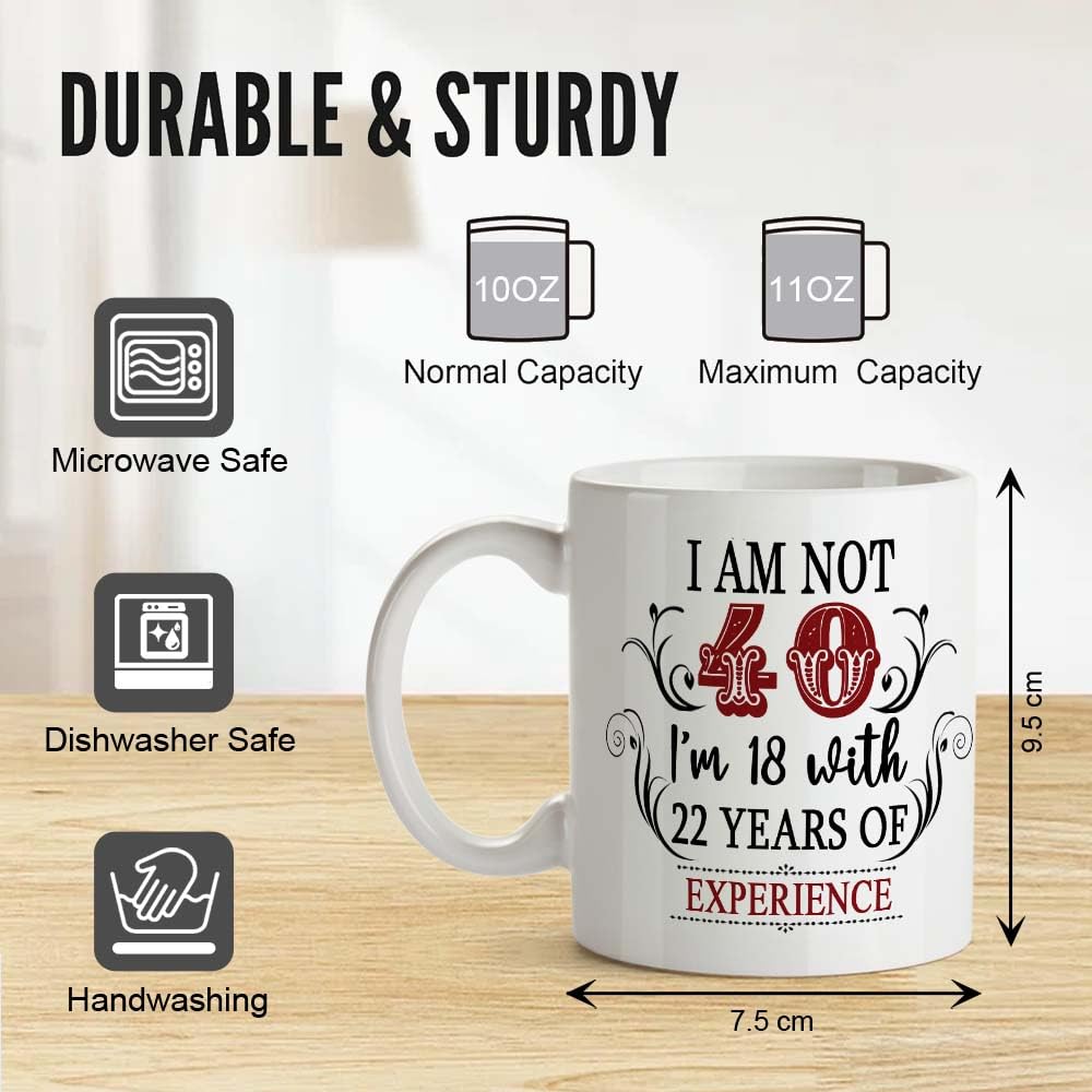 FirseBUY 40th Birthday Gifts for Women & Men - Funny 18 with 22 Years Experience Coffee Mug - 11oz Ceramic Cup for Wife, Husband, Sister, Brother, Friend, Coworker - Perfect for Office, Home & Anniversary Celebrations