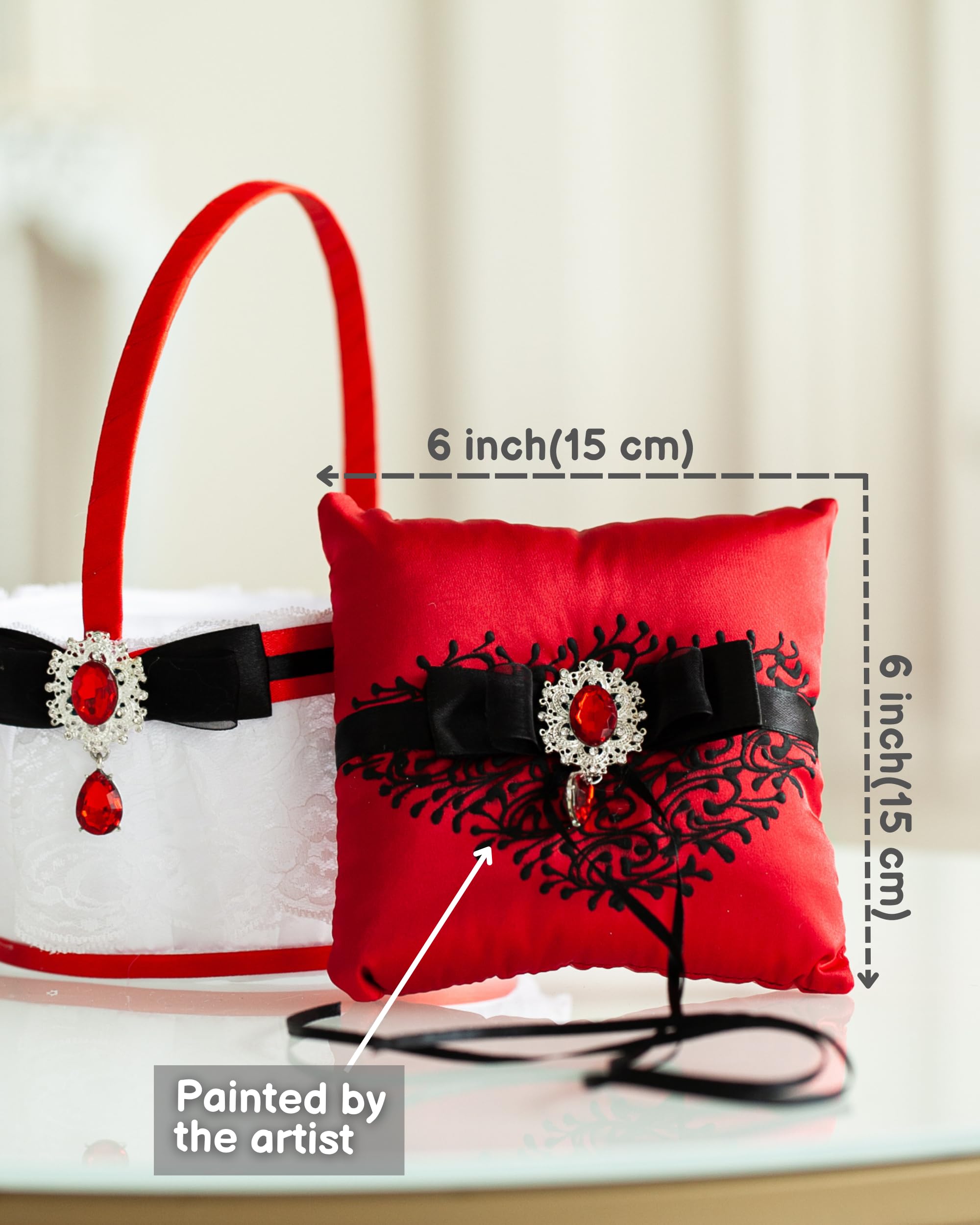 Red and Black Wedding Ring Bearer Pillow - Elegant Ring Holder for Ceremonies, Bridal Accessories, and Wedding Decor - Perfect for Traditional and Modern Weddings