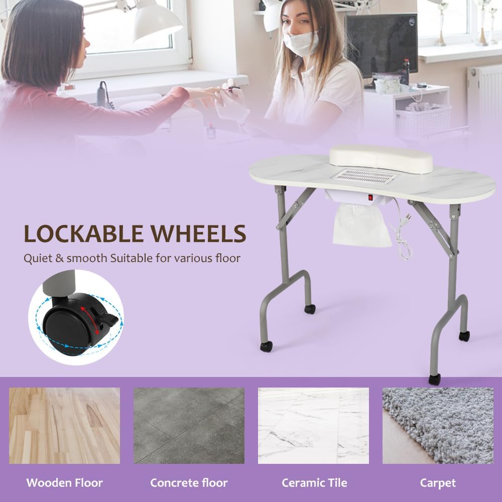 Professional Foldable Nail Tech Table with Charging Station & Dust Collector - Portable Manicure Desk for Salon & Home Use, White Marbled Design with Wrist Pad & 4 Lockable Wheels | Perfect for Nail Technicians, Spa Treatments & Mobile Beauty Services