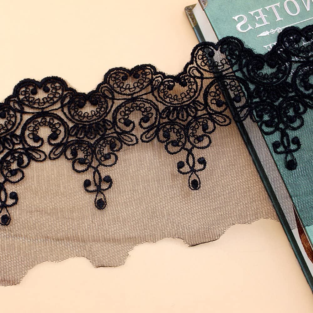 1 Yard White & Black Cotton Embroidered Lace Fabric Trim - 9.5cm Width for DIY Dressmaking, Sewing Supplies, Ribbon Trim, Garment Decor, Curtain Accessories | Perfect for Wedding Dresses, Home Decor, and Craft Projects