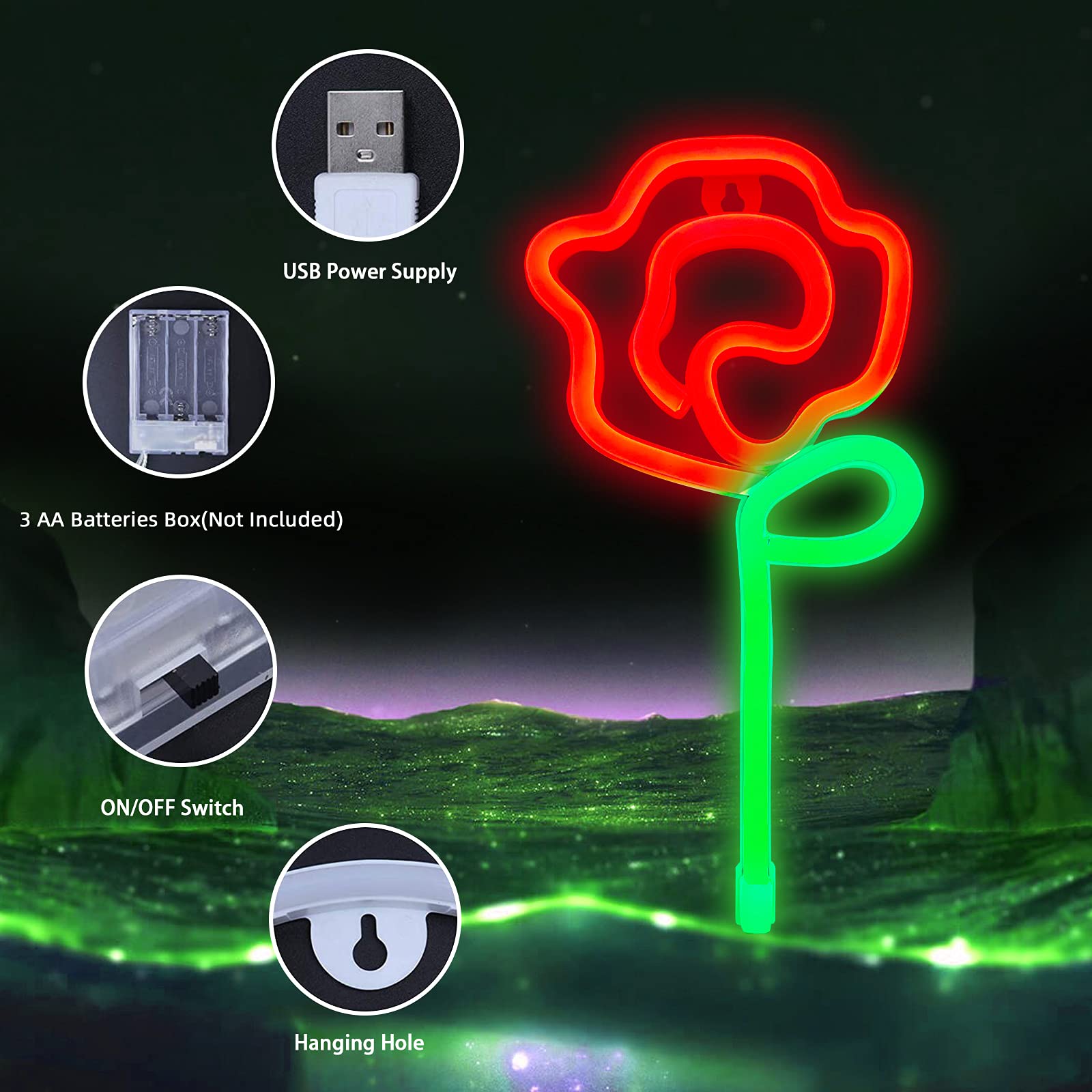 ENUOLI Rose Neon LED Sign - Red Rose Flower with Green Stem Wall Art, USB/Battery Powered Night Light for Bedroom, Bar, Wedding Decor - Perfect for Romantic Gifts, Party Lighting & Home Decoration