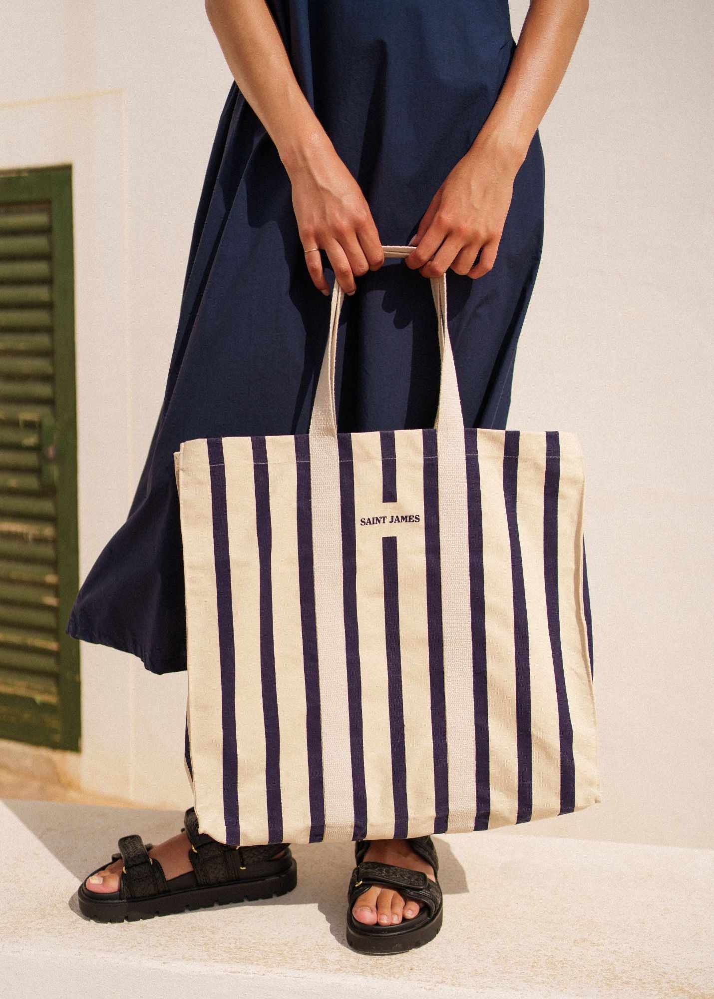 LE GRAND TOTE Oversized Cotton Striped Tote Bag - Large Beach Bag for Women (Ecru/Navy) | Perfect for Travel, Shopping & Everyday Use
