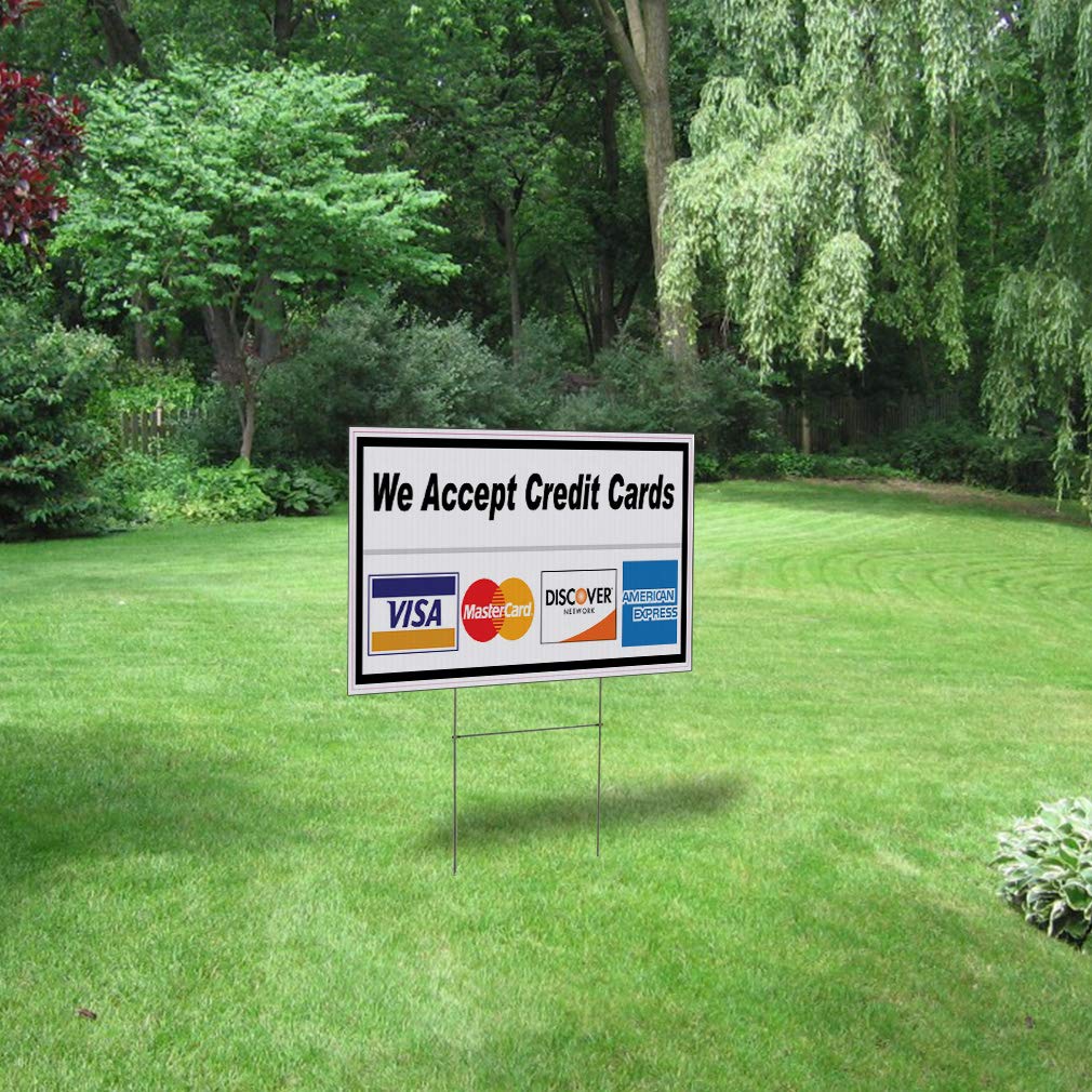 We Accept Credit Cards Plastic Weatherproof Yard Sign - 24x18 Inch, Set of 3 - Durable Restaurant, Cafe & Bar Business Sign - Ideal for Outdoor Use, Drive-Thru & Storefront Advertising