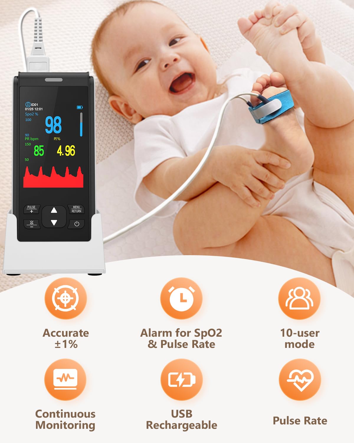 HealthTree Rechargeable Fingertip Pulse Oximeter for Adults & Babies - Continuous Oxygen Monitor with Overnight Tracking & Alarm - Perfect for Home Use, Sleep Monitoring, and Fitness Tracking