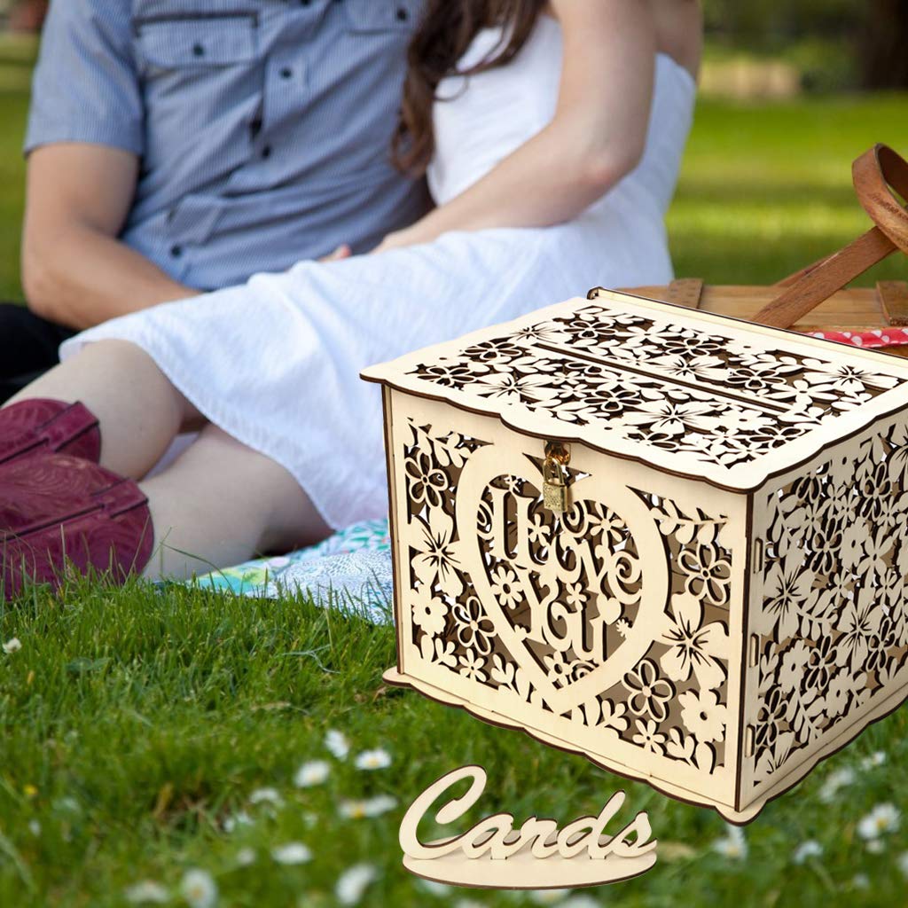 ELEOPTION Rustic Wooden Wedding Card Box with Lock - DIY Hollow Card Holder for Money & Gift Cards - Perfect for Wedding Reception, Anniversary, Baby Shower, Graduation Party & Birthday Decorations