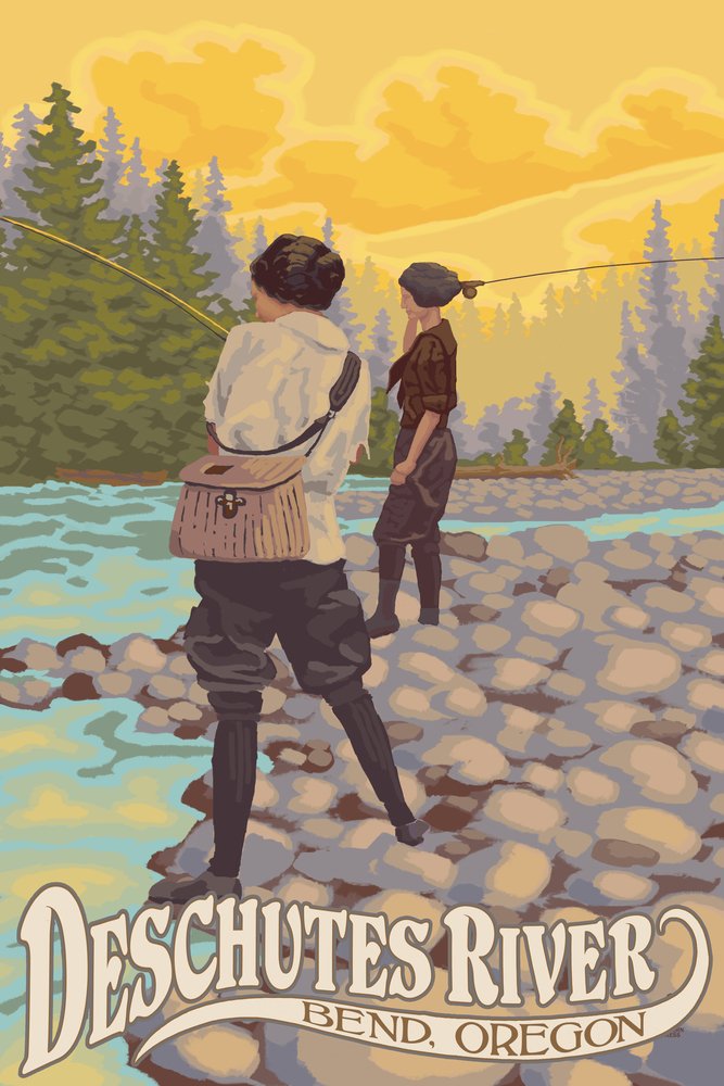 Signed Deschutes River Women Fishing Art Print - 24x36 Wall Decor Poster | Bend Oregon Landscape Painting | Perfect for Living Room, Office & Cabin Decor