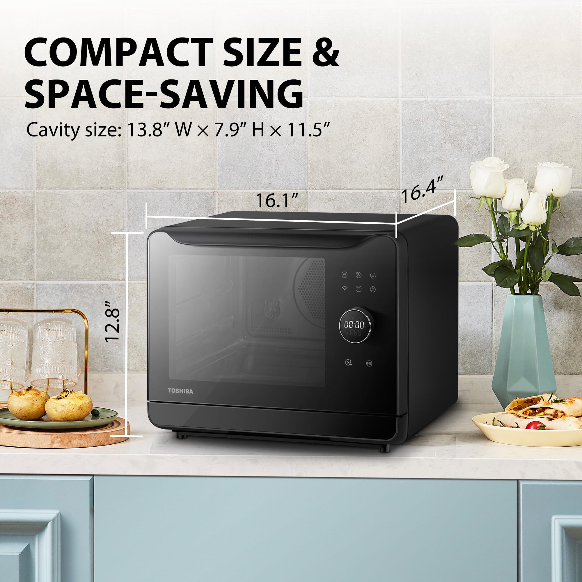 TOSHIBA 6-in-1 Compact Countertop Steam Oven with Convection, Air Fryer, Slow Cooker & Smart App Control - 20L Capacity for Baking, Steaming, Fermenting & More | Perfect for Small Kitchens, Apartments & Healthy Cooking