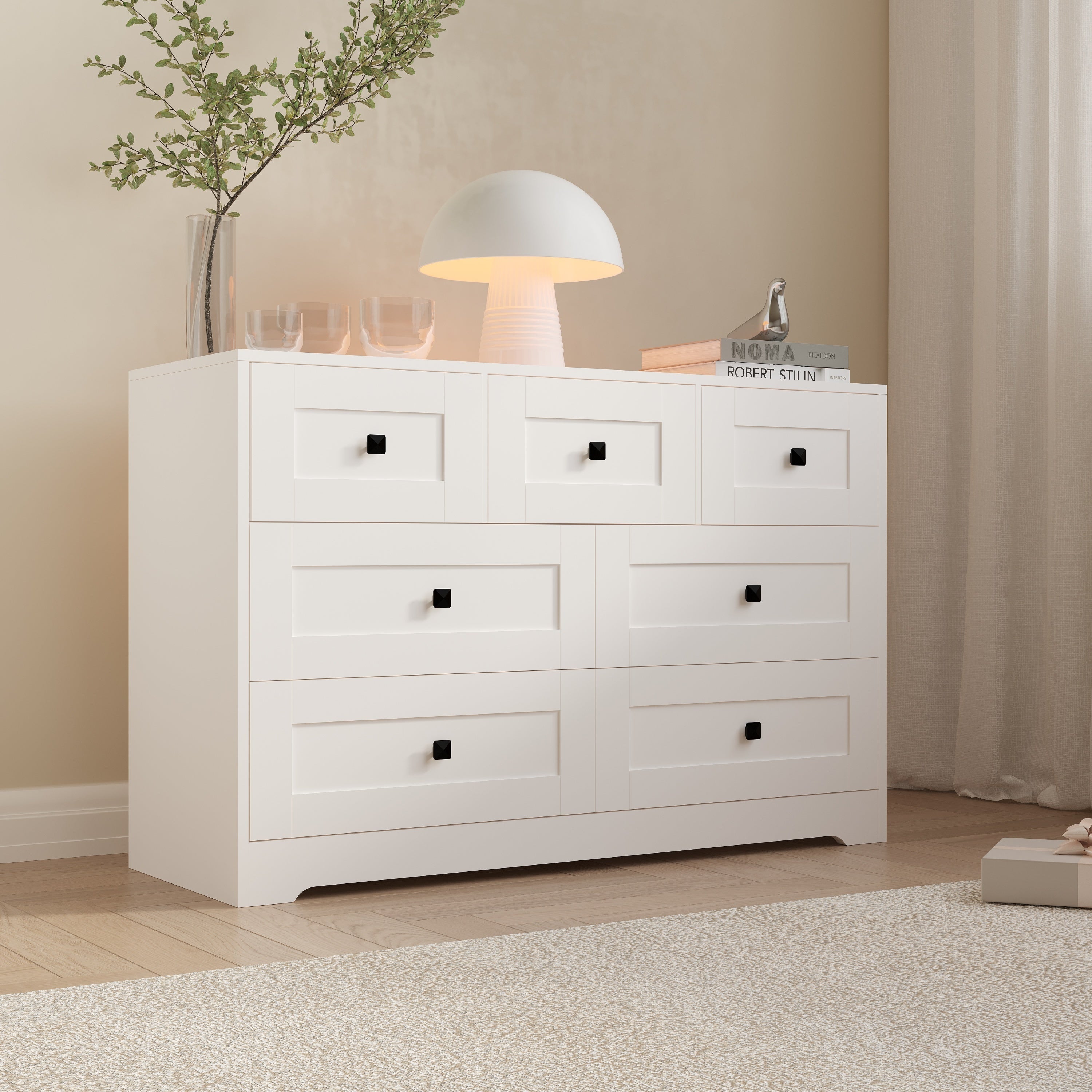 7-Drawer White Farmhouse Chest of Drawers - Rustic Storage Organizer for Bedroom, Living Room & Office