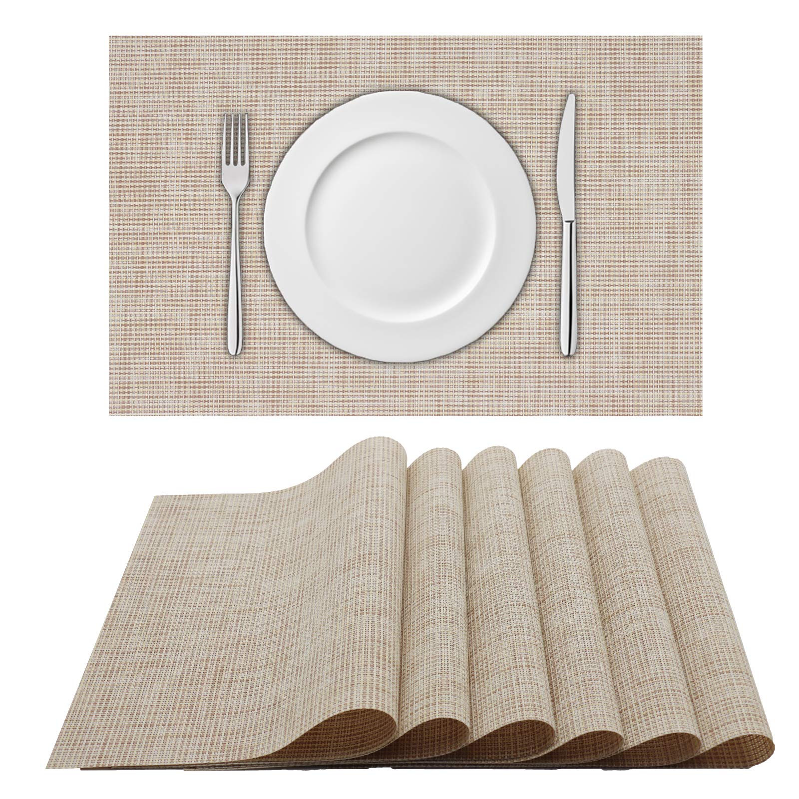 6-Pack Woven Washable Placemats Set - Waterproof Vinyl Table Mats for Kitchen & Dining Room, Beige - Perfect for Everyday Meals, Dinner Parties & Home Decor