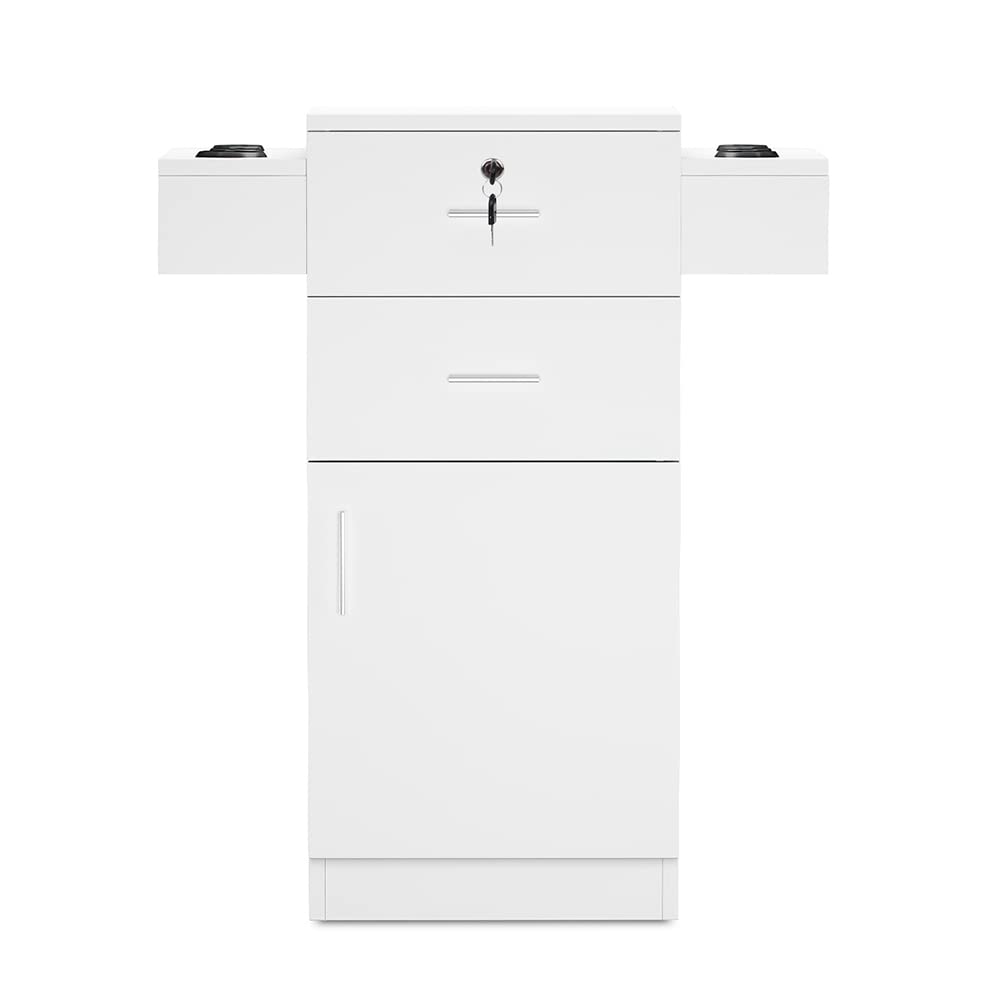 Paddie Locking Salon Storage Cabinet for Hair Stylists - Professional Barber Station with 6 Hair Dryer Holders & 2 Drawers - White Beauty Spa Equipment for Salon Organization & Styling Station Setup