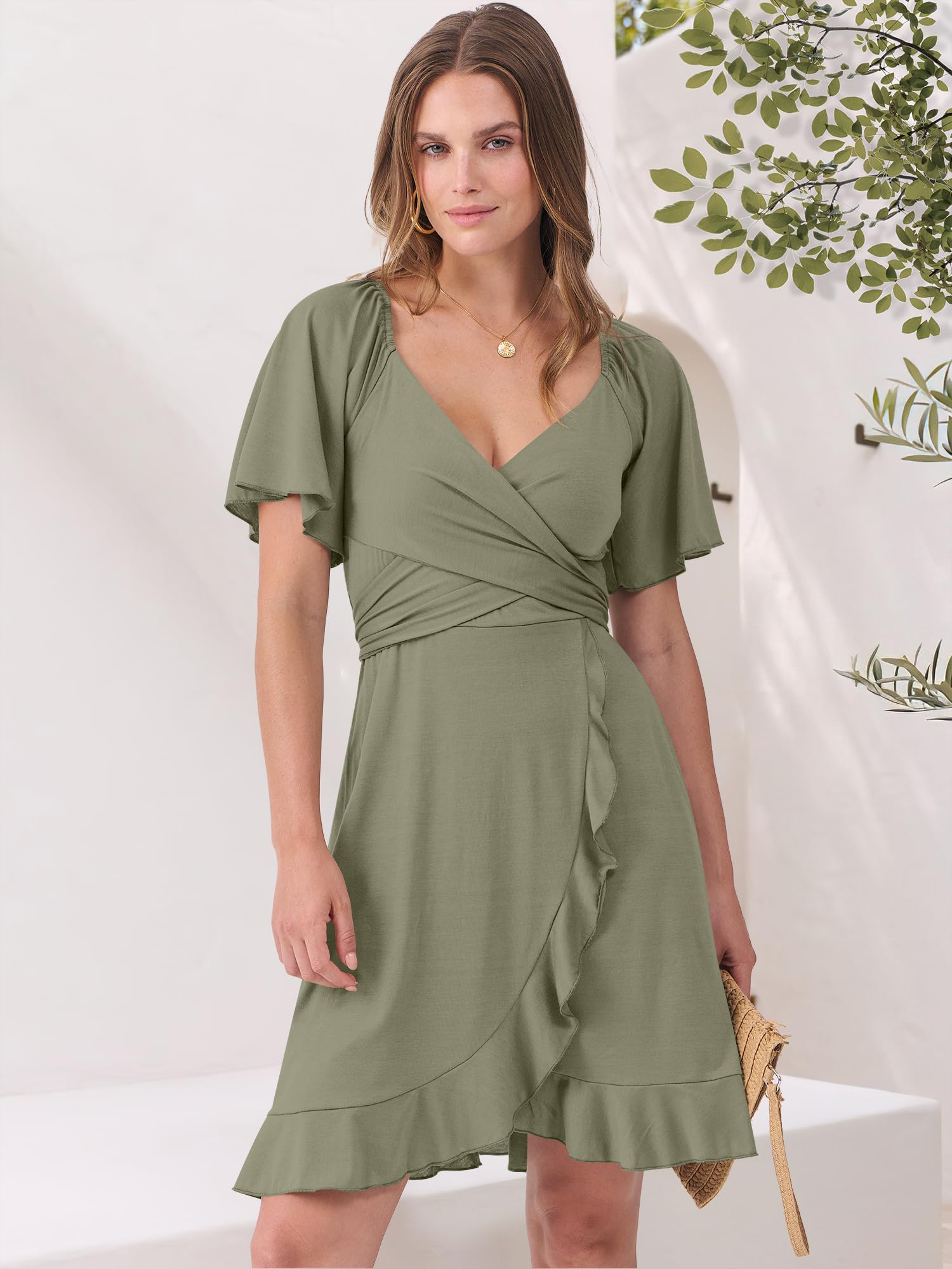 Caracilia Women's Summer Wrap Mini Dress - Casual V Neck Short Sleeve Ruffle Hem Cocktail Dress for Wedding Guest, Beach Party & Date Night