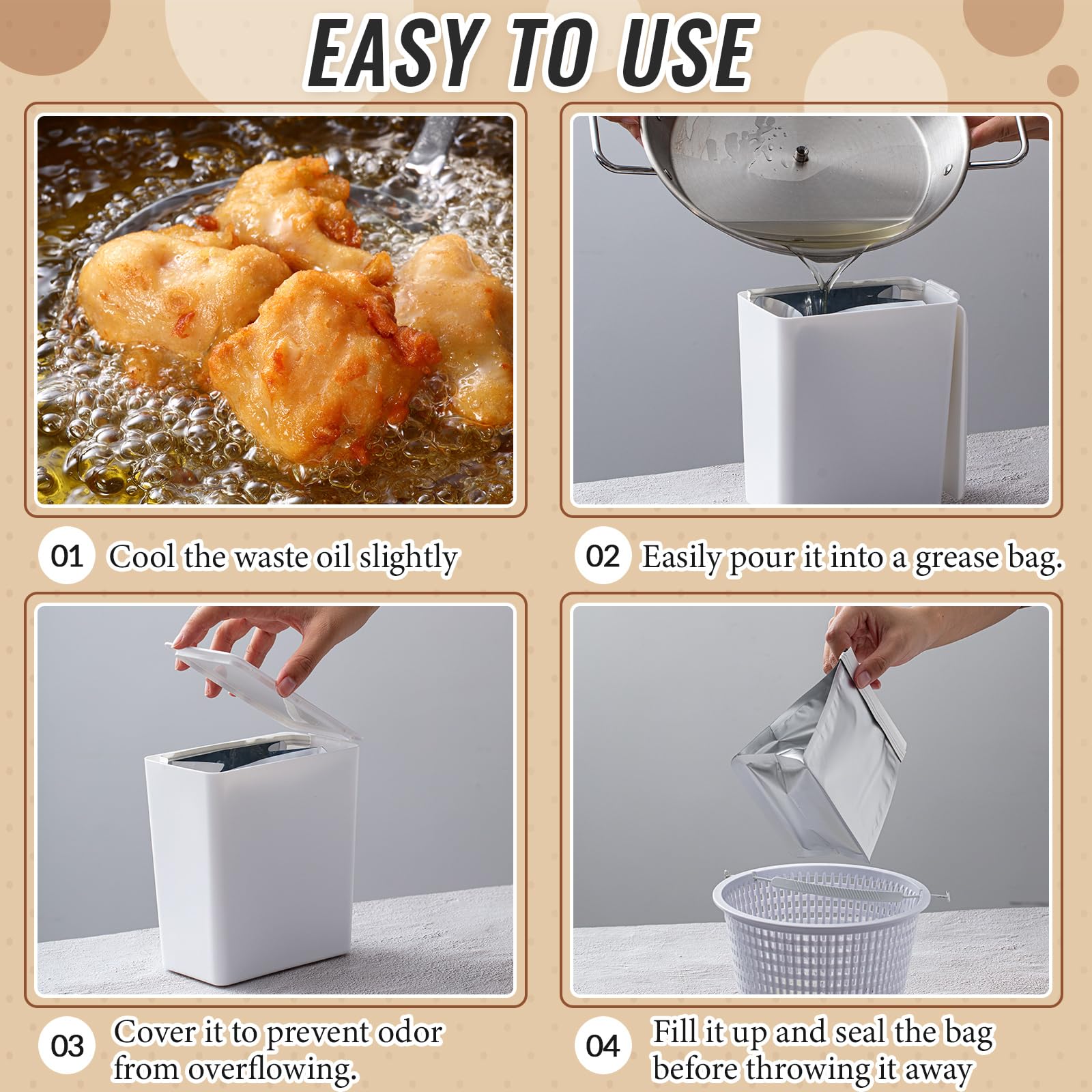 26-Pack Disposable Grease Containers with 25 Foil Liners & 1 White Storage Bin - Prevent Kitchen Drain Clogs | Perfect for Frying, Grilling & Cooking Oil Storage