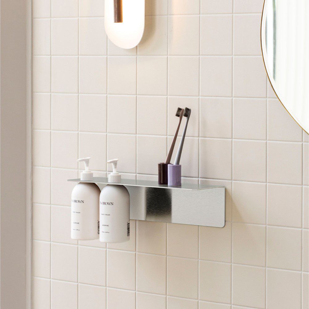 Brushed Steel Wall Mount Shelf with Dual Soap Dispenser Holder - 40cm Bathroom Organizer for Shower, Kitchen & Vanity Storage