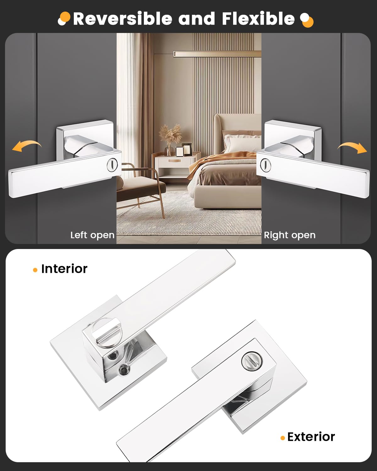 Gobrico 4-Pack Square Bedroom Bathroom Door Levers - Bright Chrome Privacy Door Locks & Interior Door Handles Hardware for Home Office Closet Installation