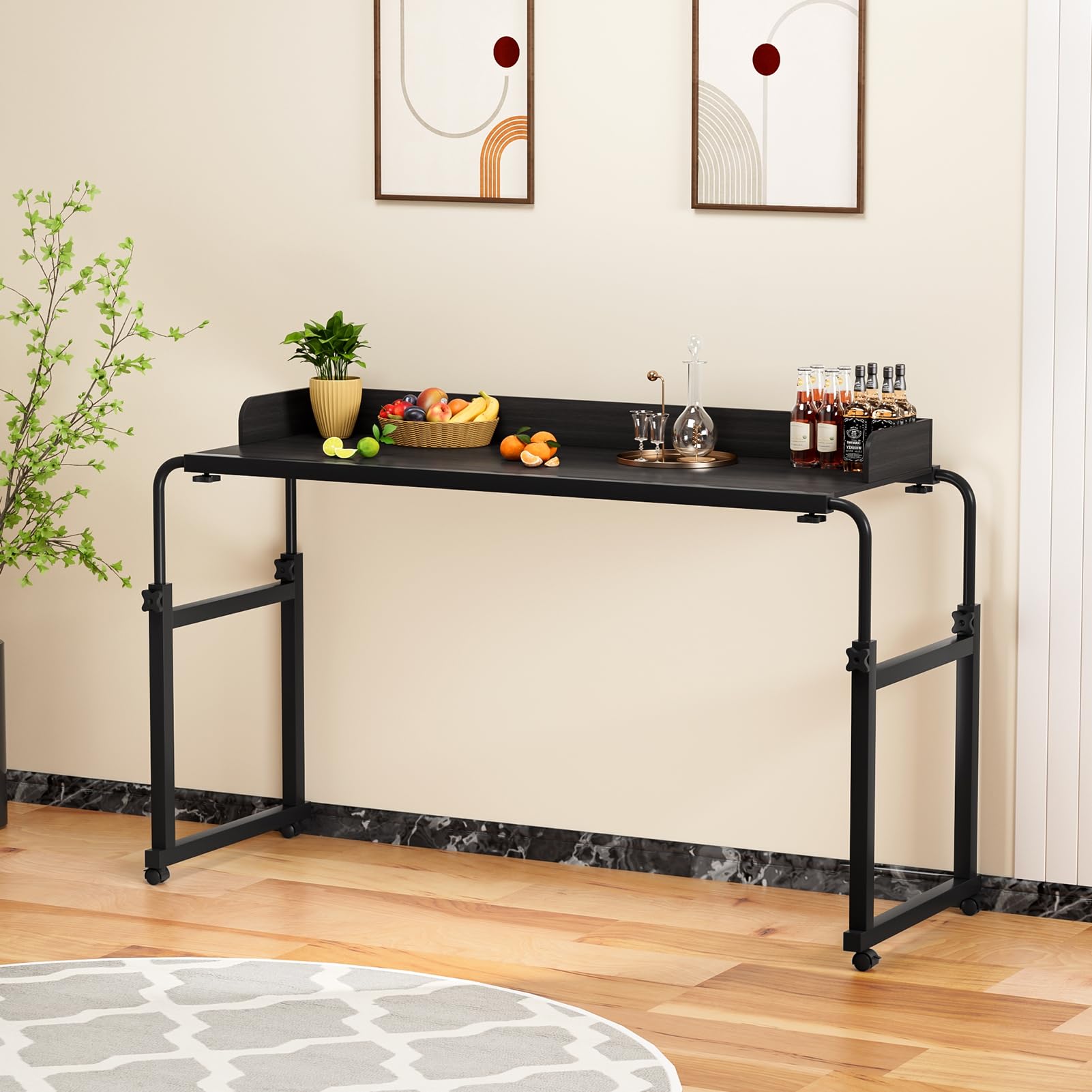 Adjustable Over Bed Table with Wheels - Rolling Laptop Cart & Standing Workstation for Home Office, Bedroom & Hospital Use - Sturdy Metal Legs Tray Table in Matte Black - Perfect for Eating, Working & Patient Care