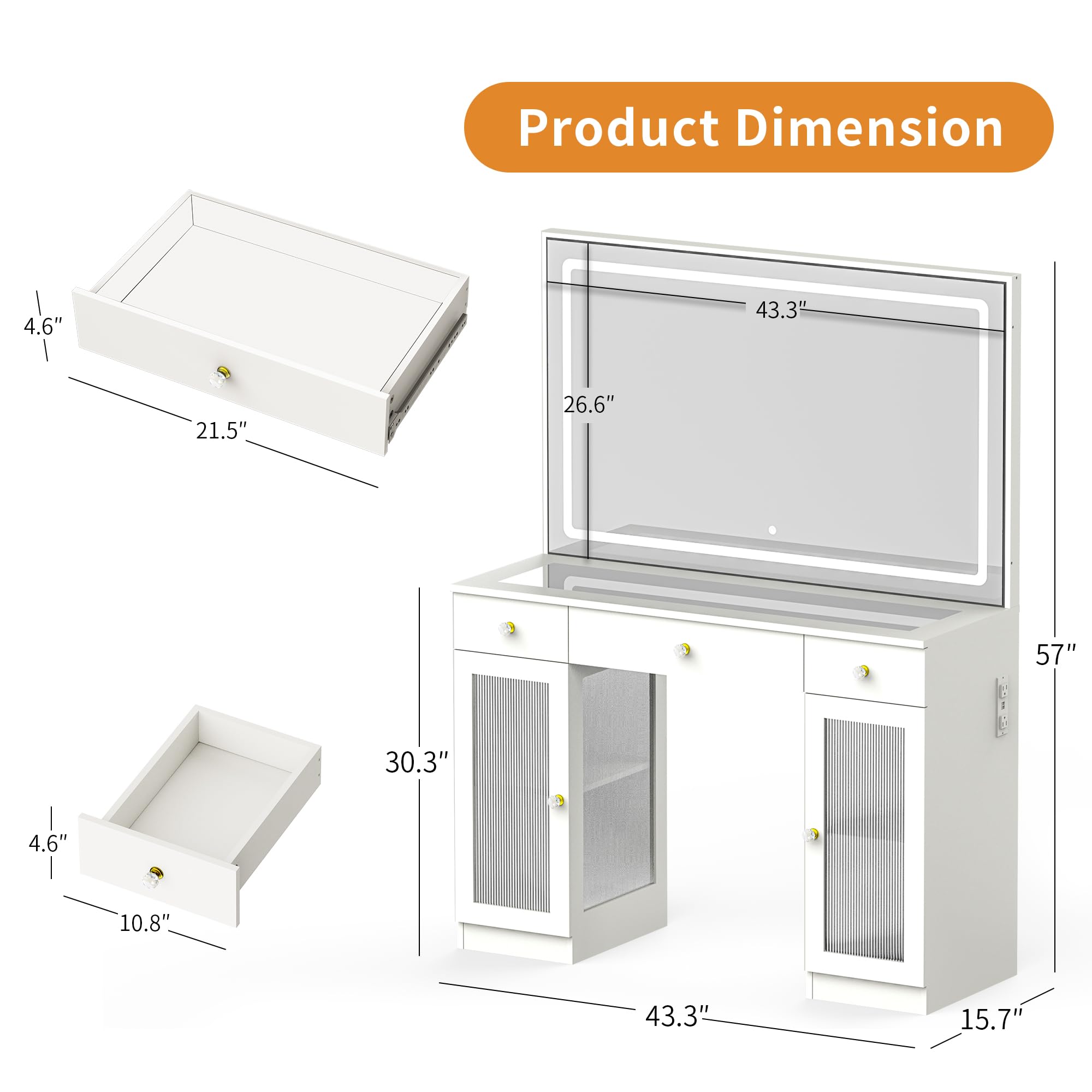 Pamapic White Makeup Vanity Set with Crystal Knobs, Glass Top Dressing Table with LED Mirror & Lights - 3 Color Adjustable Lighting, Built-in Power Outlet, Spacious Drawers & Cabinet, Upgraded Silent Slides - Perfect for Bedroom, Dressing Room & Beauty Salon