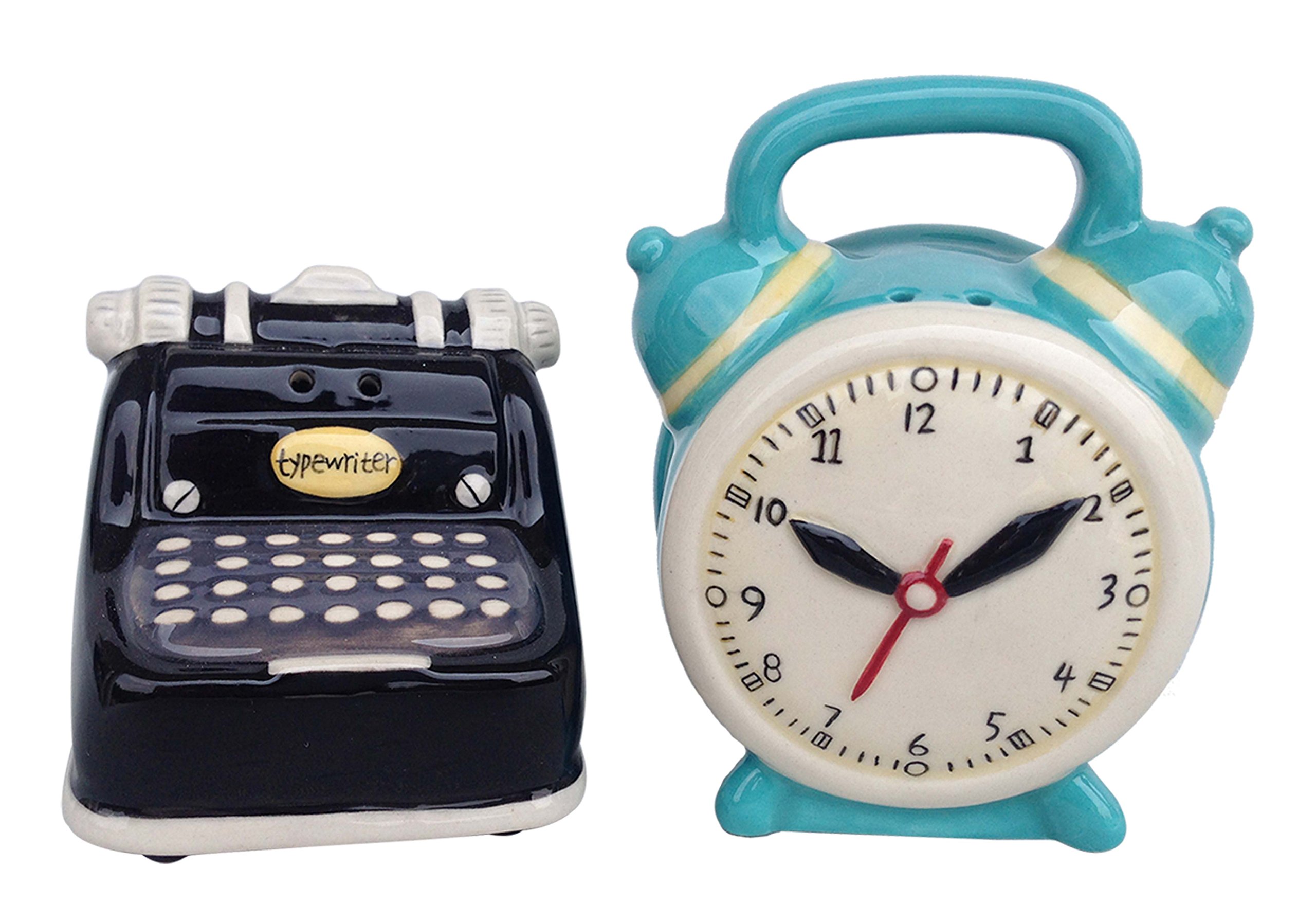 Vintage Blue Sky Ceramic Typewriter & Clock Salt and Pepper Shaker Set - Medium Size, Multicolor - Perfect for Kitchen, Dining Table, and Retro Home Decor