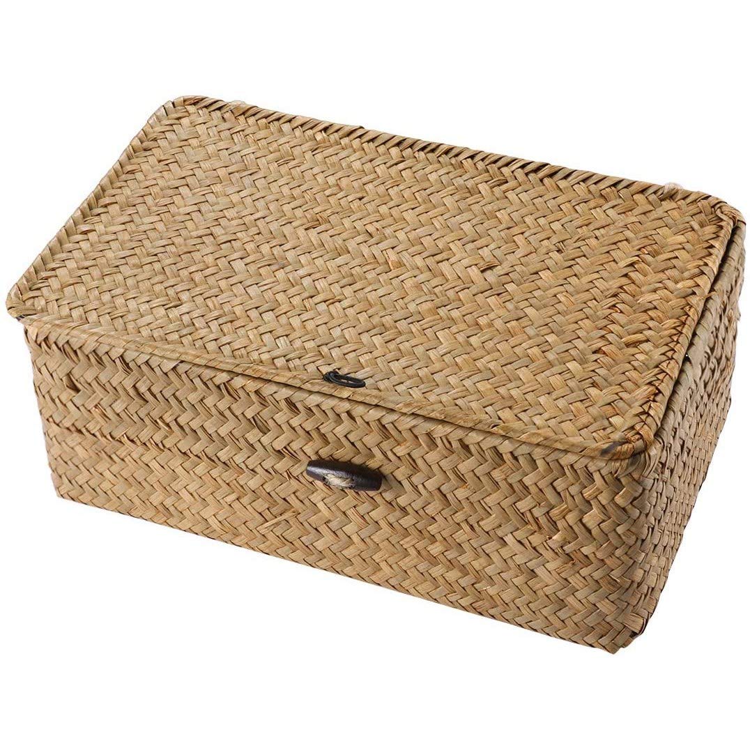 Seagrass Storage Box with Lid - Handwoven Organizer for Makeup & Home Decor