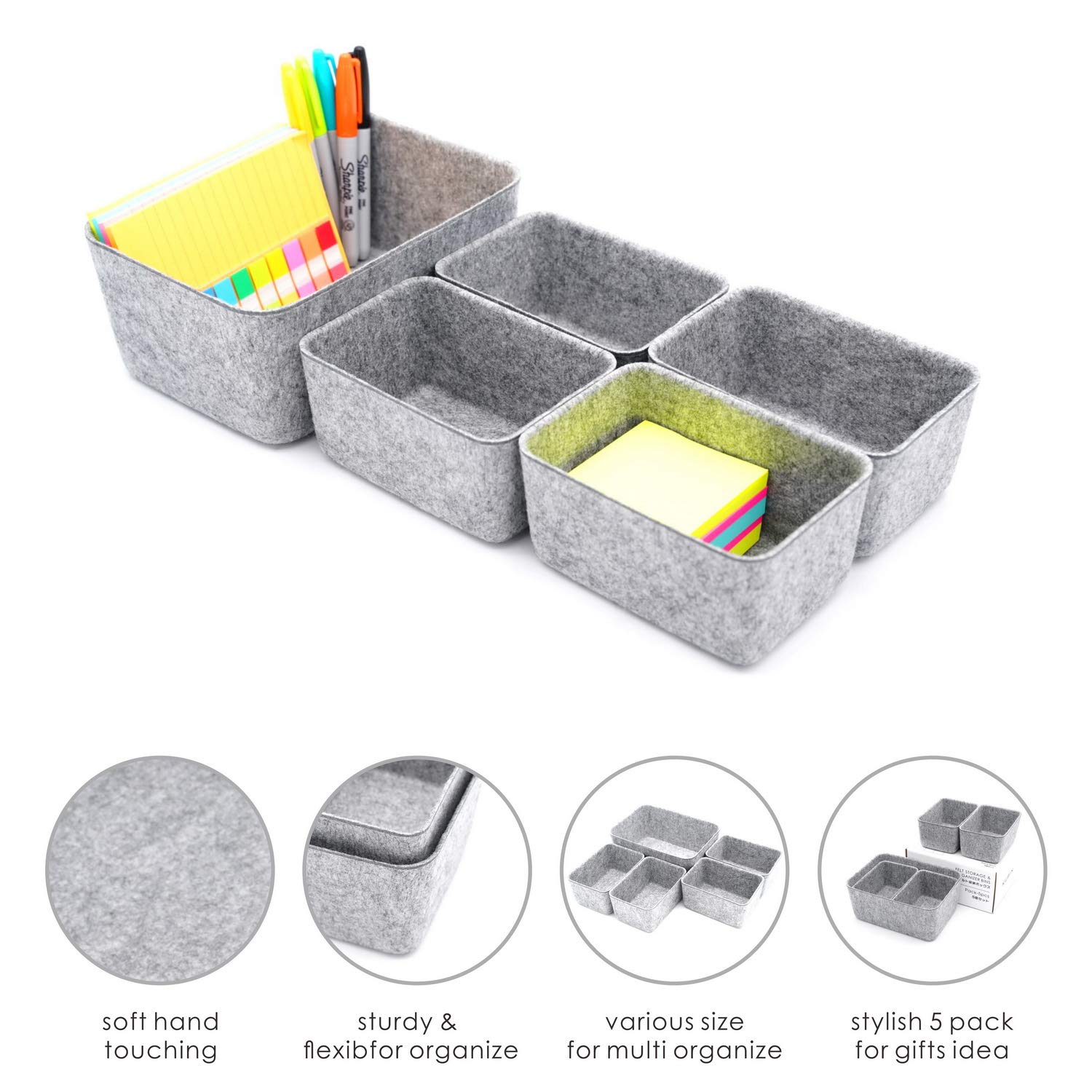 Welaxy 5-Pack Gray Felt Drawer Organizers for Office, Jewelry & Makeup