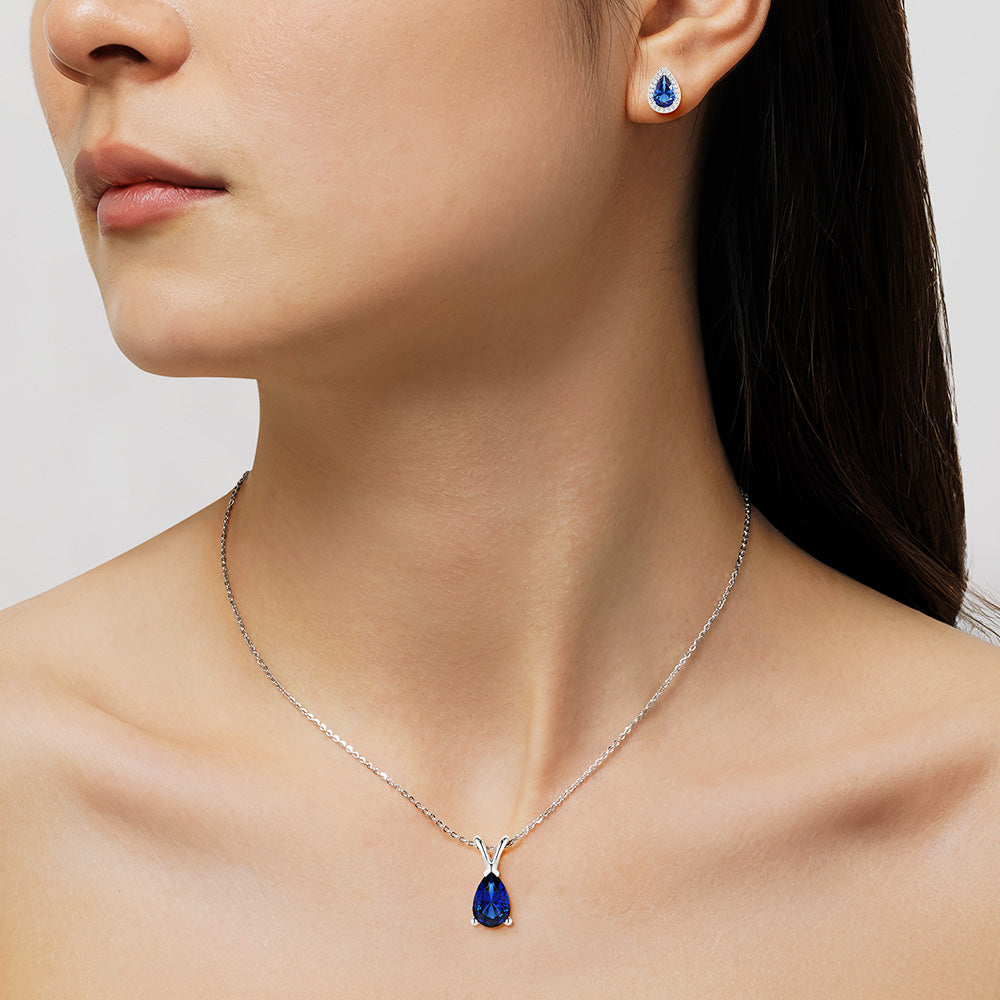 Elegant Sapphire Solitaire Pendant & Matching Blue Stud Earrings Set | 925 Sterling Silver Jewelry | Perfect for Weddings, Anniversaries & Special Occasions