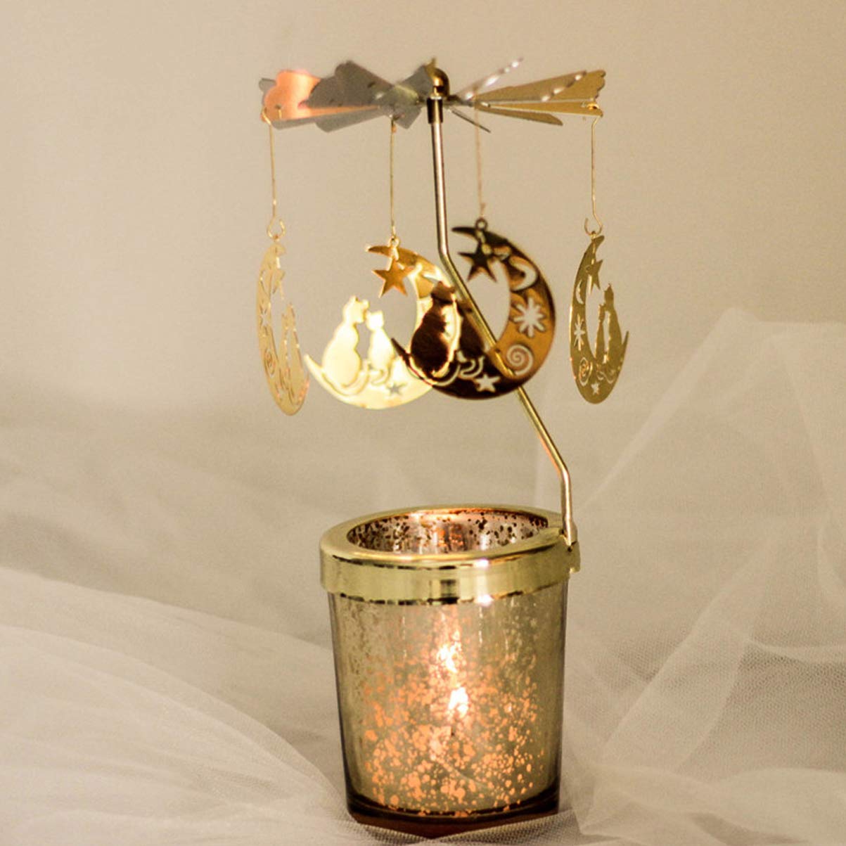 3-Wick Rotating Candle Holder Stand - German Christmas Pyramid Metal Candle Carousel with Cover | Perfect for Holiday Decor, Christmas Tree Topper, and Festive Home Ambiance