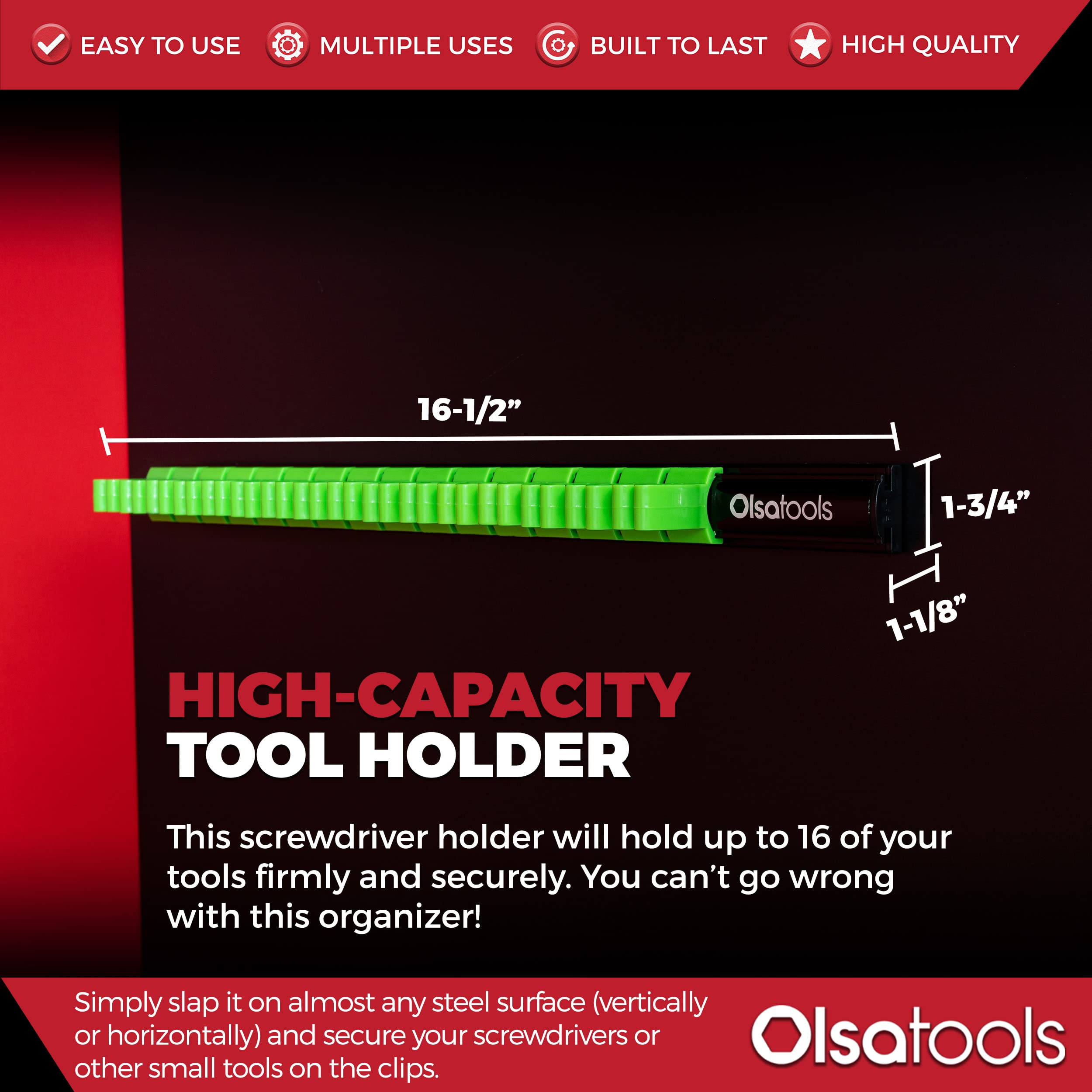 Olsa Tools Magnetic Screwdriver Holder - Heavy Duty 16 Slot Tool Organizer for Mechanics & DIY | Black & Green Workspace Organizer | Perfect for Garage, Workshop & Toolbox Organization