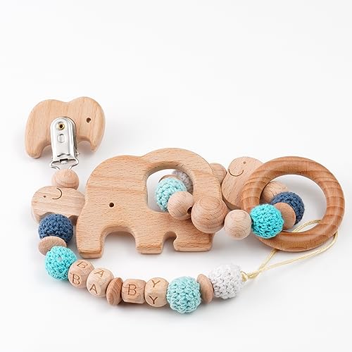 **27 Pcs Natural Wooden Baby Teething Toys Set - Wooden Teething Rings & Necklace for Infants & Toddlers, Animal-Themed Chew Toys for Pain Relief, Handmade Hanging & Clipping Toys (Blue) - Perfect for Soothing Sore Gums & On-the-Go Comfort**