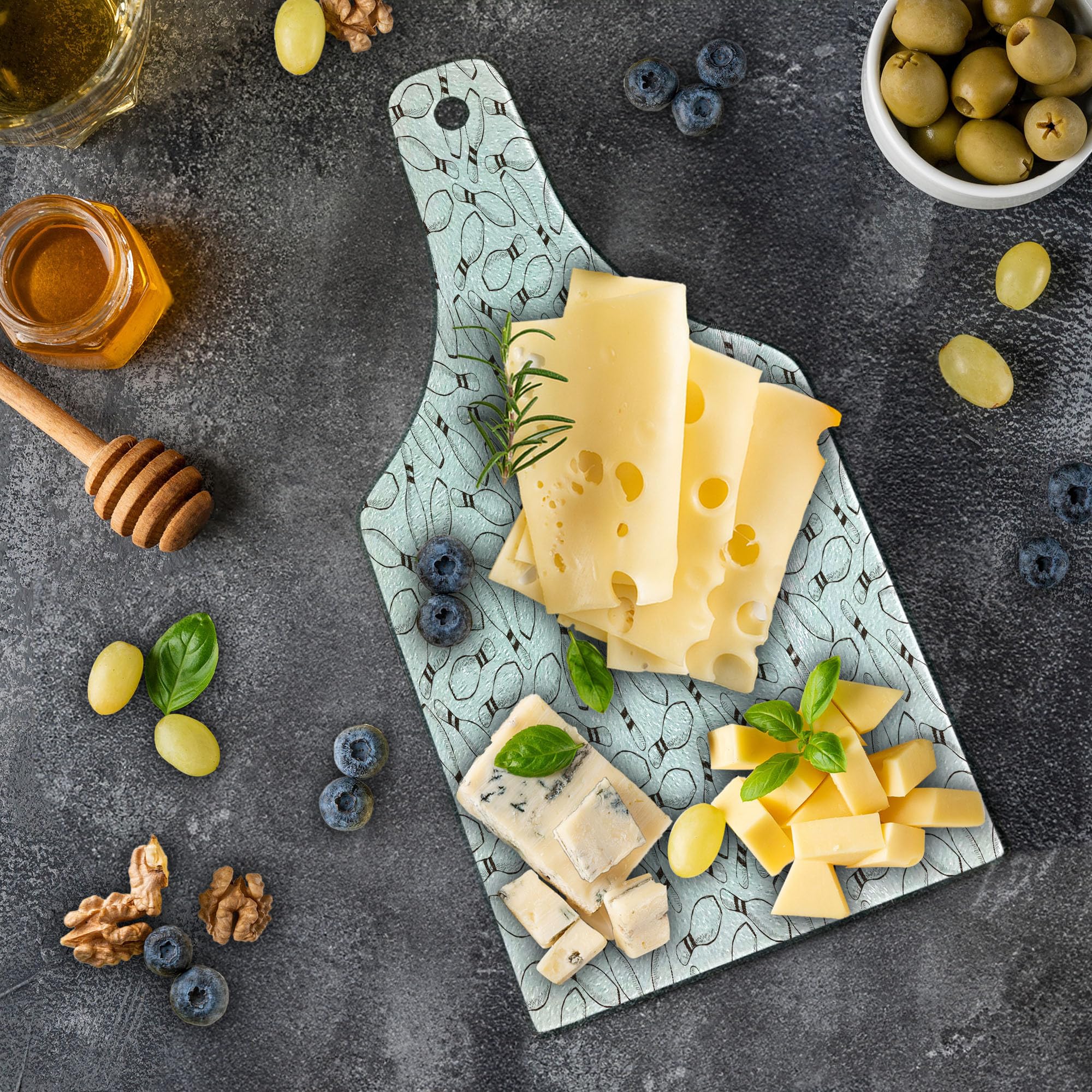 Ambesonne Bowling Party Tempered Glass Cutting Board - Sketchy Bowling Pins Hand-Drawn Design, Monochrome Decorative Serving Board for Cheese, Charcuterie & Wine - Perfect for Game Nights, Parties & Kitchen Decor (Dark Brown/White)