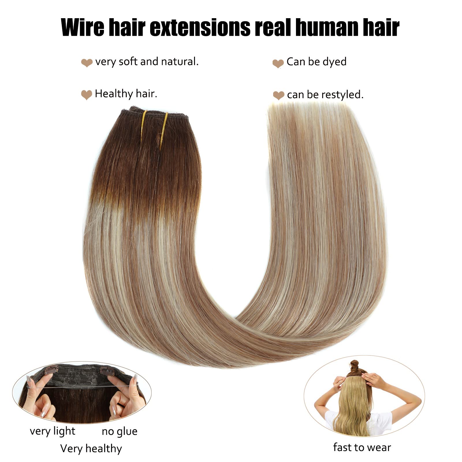 Ugrace 20 Inch Clip-In Human Hair Extensions - 100g Real Human Hair, Balayage Light Brown to Ash Brown & Bleach Blonde, Transparent Invisible Fish Line for Natural Look | Perfect for Daily Wear, Parties & Special Occasions