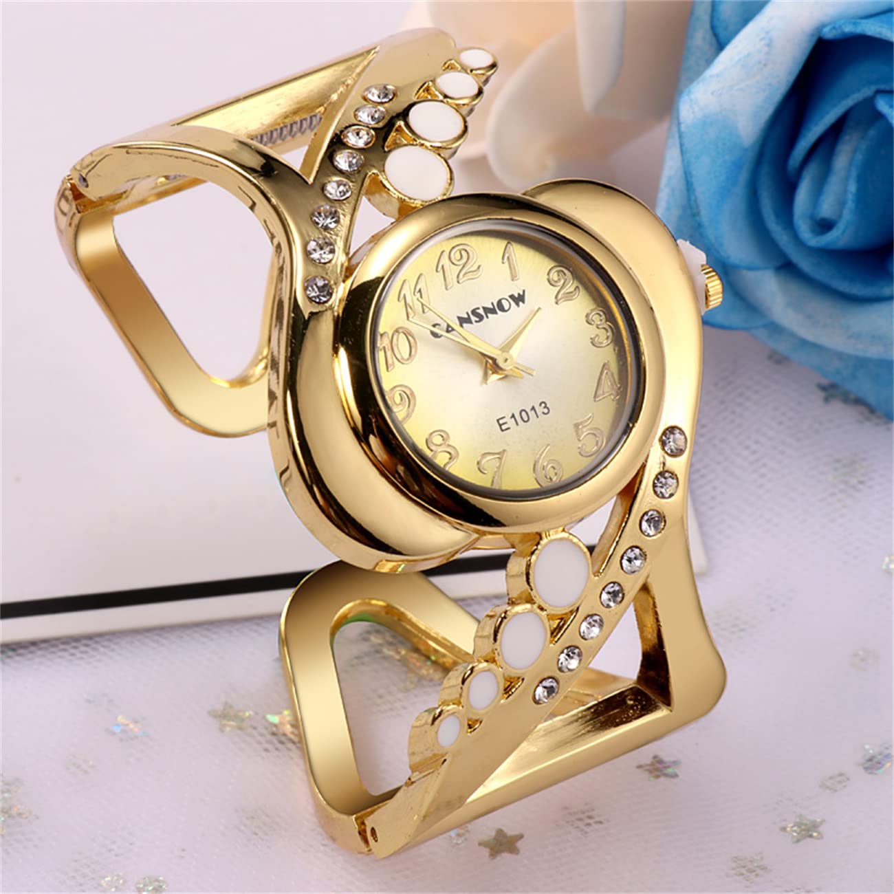 CdyBox Ladies Crystal Cuff Bracelet Watch - Fashion Hollow Analog Quartz Wristwatch for Women - Perfect for Parties, Weddings & Evening Events