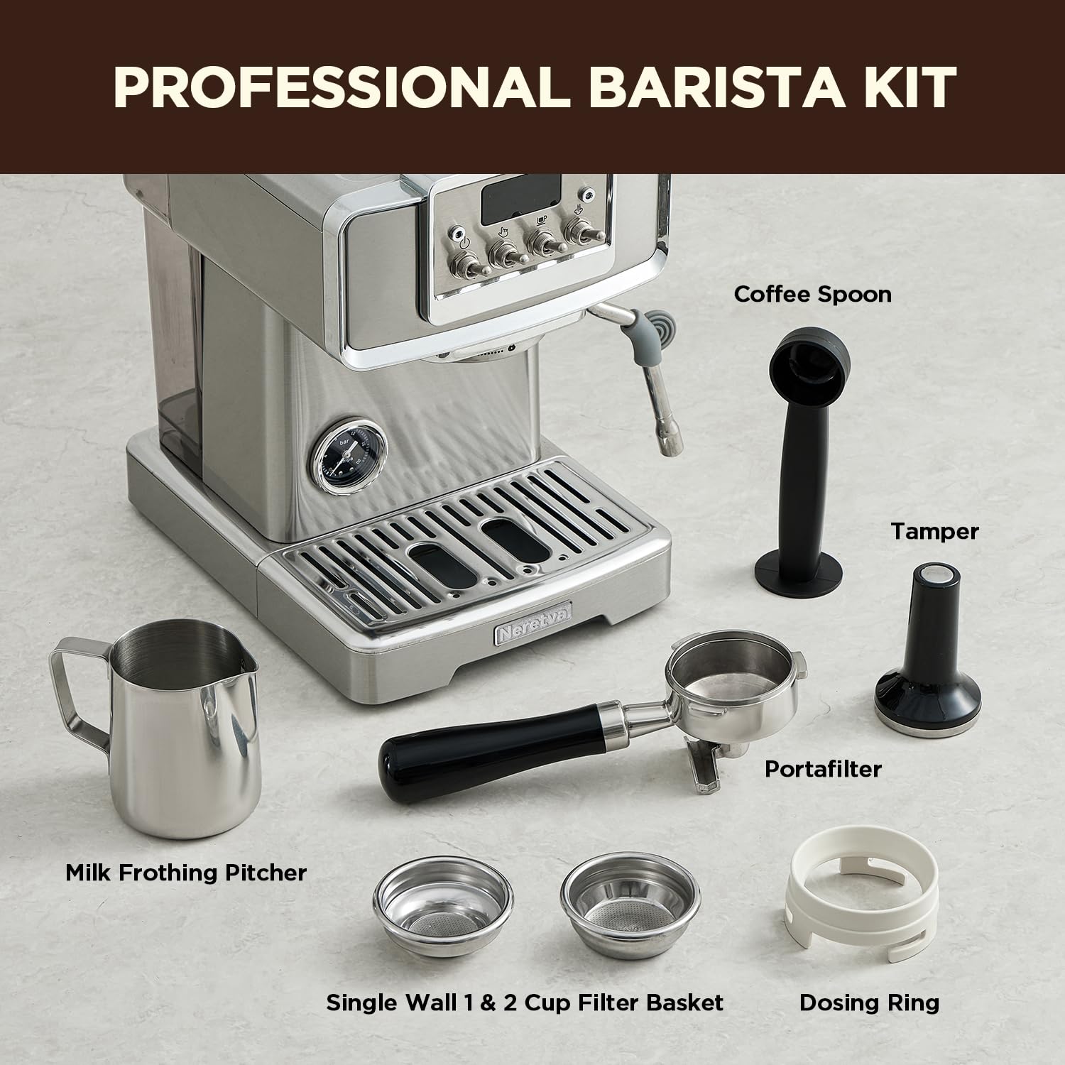 **Neretva 15Bar Espresso Coffee Machine with Pressure Gauge - Stainless Steel Instant Heating Espresso Maker for Home Baristas - Perfect for Lattes & Cappuccinos | Beginner-Friendly Coffee Machine for Home & Office Use**