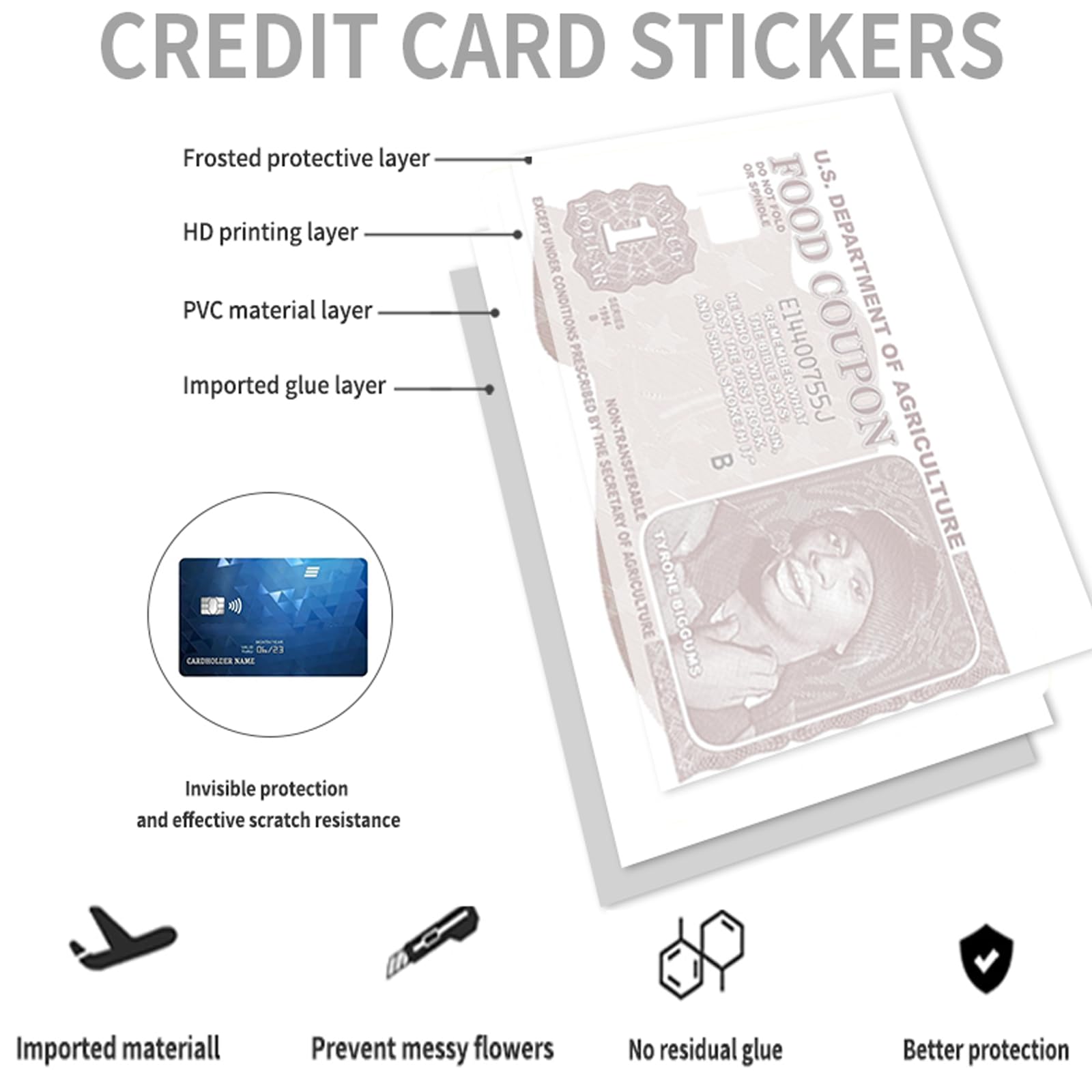 Removable No Bubble Slim Waterproof Card Stickers - Skin Tyrone Biggums Food Coupon Design for Credit/Debit/Key Cards | Personalize & Protect Your Bank Cards | Perfect for Everyday Use, Travel & Gift Giving (Color-A)