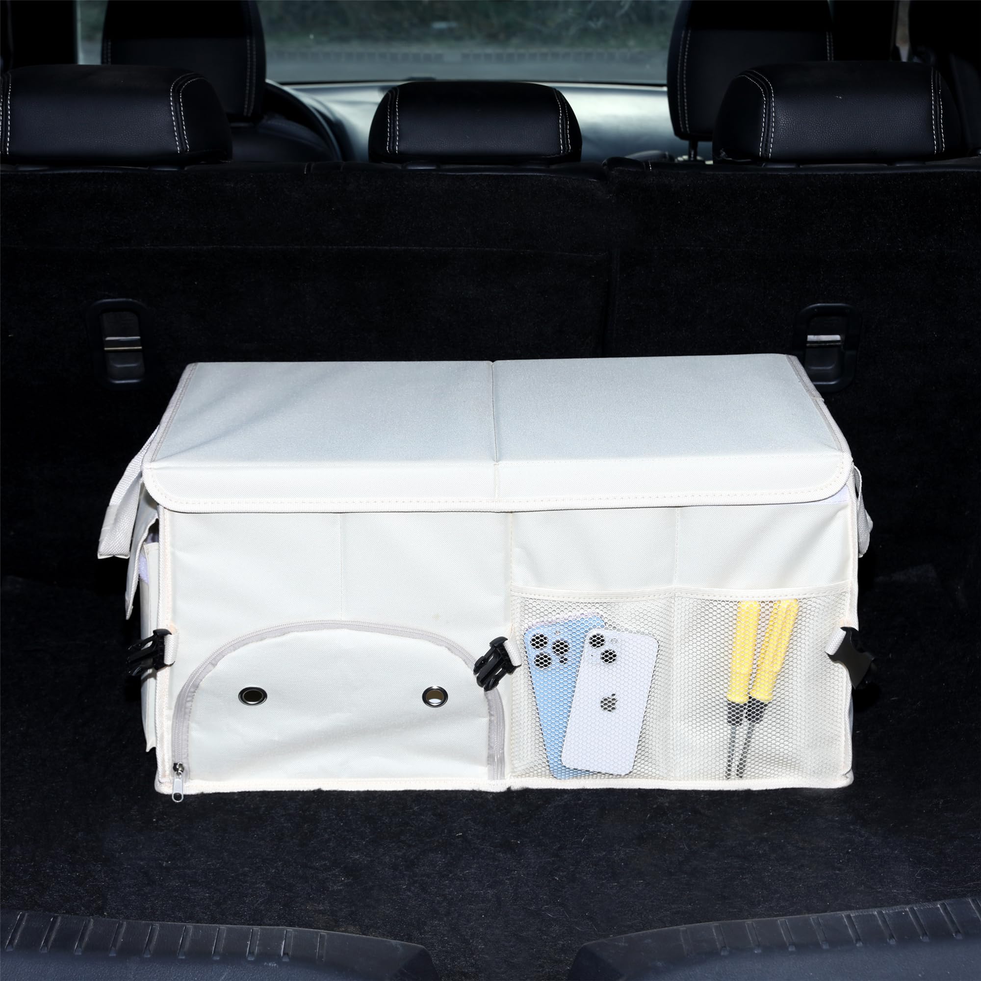 Collapsible Car Trunk Organizer with Lid & Shoe Bag - Multi-Compartment SUV Storage Organizer for Travel, Camping & Road Trips (Beige)
