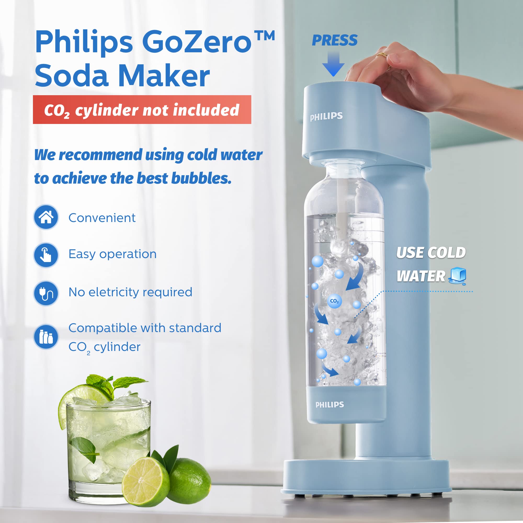 PHILIPS ADD4901BLO/37 Sparkling Water Maker - Soda Machine with 1L Carbonating Bottle for Homemade Seltzer & Fizzy Water | Compatible with 60L CO2 Carbonator (Not Included) | Perfect for Kitchen, Office, Parties & Healthy Hydration