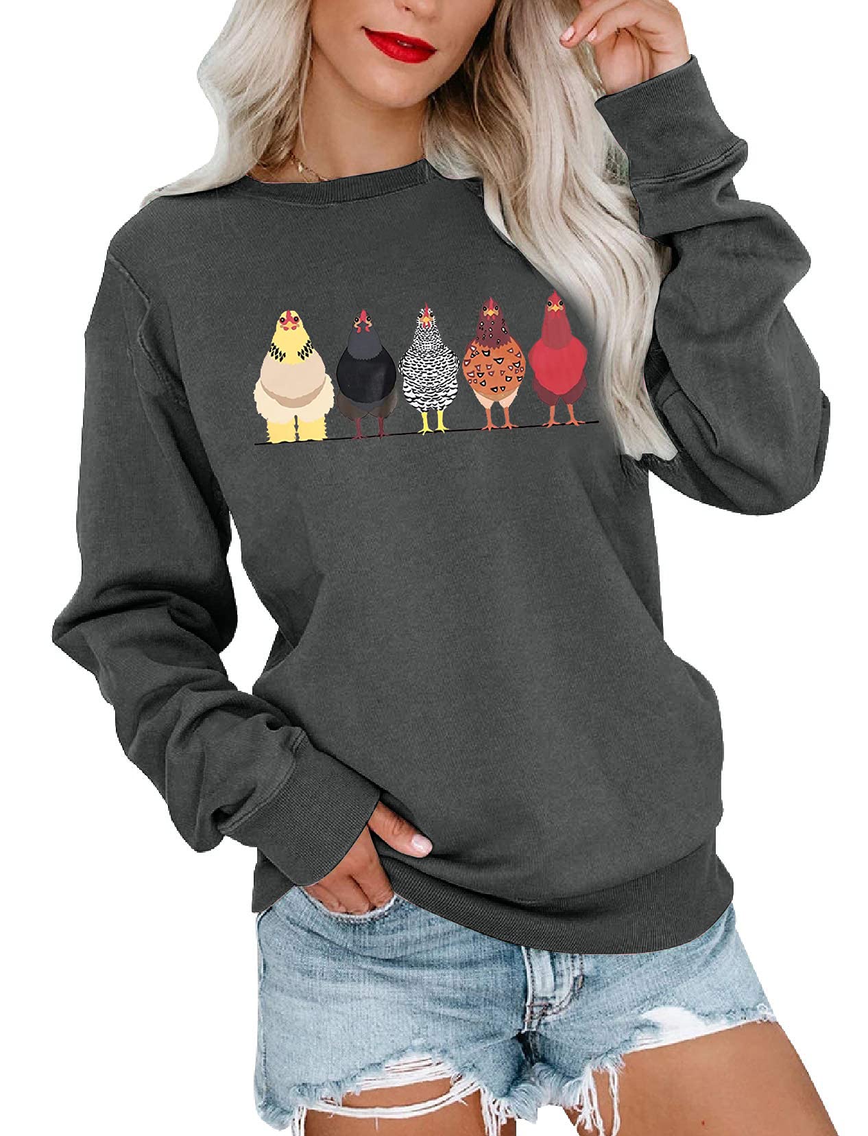 VILOVE Women's Cute Chicken Graphic Sweatshirt - Long Sleeve Crewneck Pullover for Casual Fall Outfits | Perfect for Autumn Layering, Weekend Wear & Cozy Loungewear