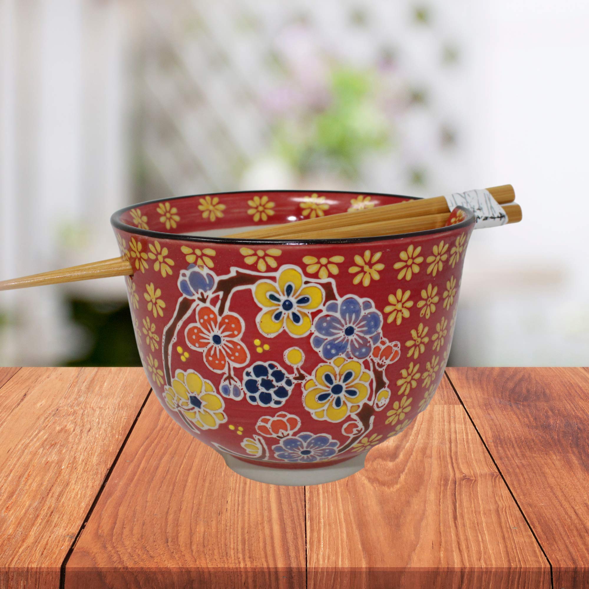 Needzo Red Floral Bowl with Chopsticks Holder & Wooden Chopsticks Set - 5 x 4 Inch Asian Soup Bowl for Ramen, Pho, Noodles | Perfect for Home Dining, Japanese Restaurants & Gift Giving