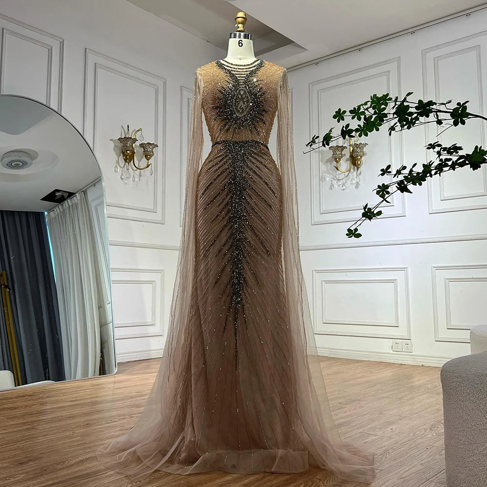 Elegant Caramel Beaded Evening Gown with Cape Sleeves - LA72940 | Formal Party Dress for Women | Perfect for Galas, Weddings & Red Carpet Events