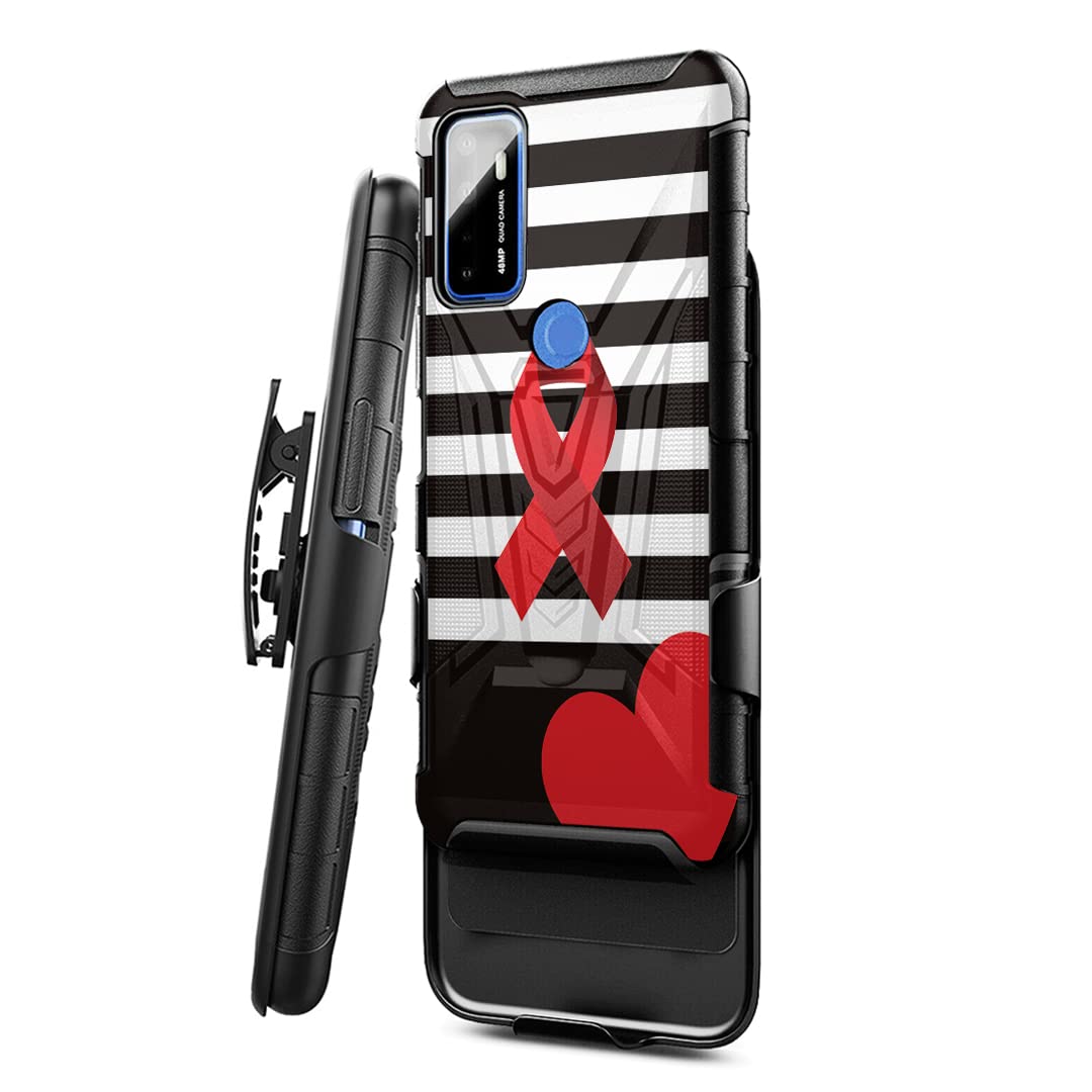 Military Shockproof Phone Case for Cricket Dream 5G & AT&T Radiant Max 5G - Heavy Duty Belt Clip Holster with Kickstand | Drop Protection Cover for Work, Outdoor & Active Lifestyle (Red Ribbon)