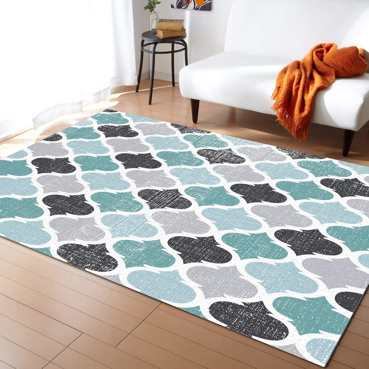 Non-Slip Washable Indoor Outdoor Accent Rug - 4ft x 6ft Geometric Quatrefoil Lattice Design in Grey & Teal - Perfect for Bathroom, Front Door, Bedroom, Kitchen & High-Traffic Areas