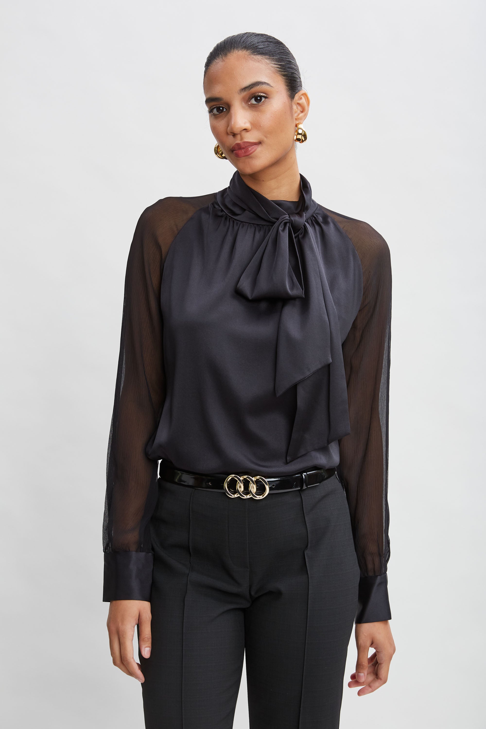 Elegant Chiffon Sleeve Silk Satin Tie Front Blouse for Women - Perfect for Office Wear, Date Night & Special Occasions