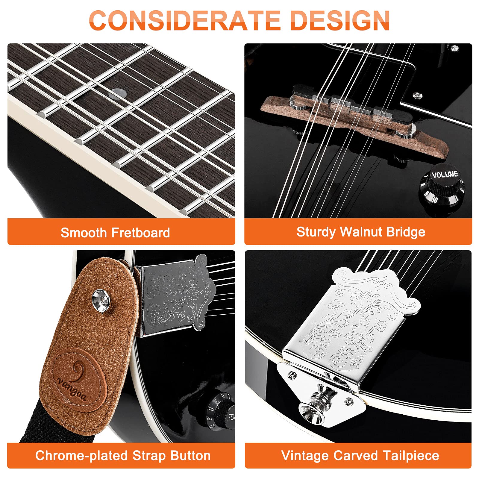 Vangoa A-Style Mahogany Acoustic-Electric Mandolin for Beginners - Professional Quality Musical Instrument for Adults, Teens & Kids (Black) | Perfect for Bluegrass, Folk Music & Live Performances