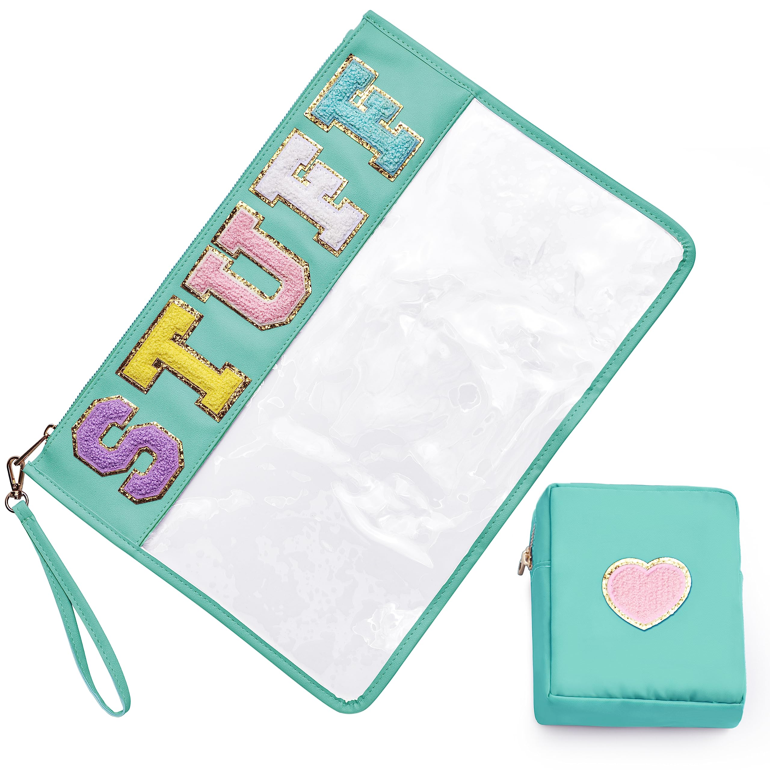 **2 Pack Large Chenille Letter Tote Bags - PU Waterproof Clear Cosmetic Pouch for Travel, Snacks, Makeup & Sunscreen Storage - Trendy Preppy Gift for Women & Girls (Perfect for Beach, Gym, School & Vacation)**