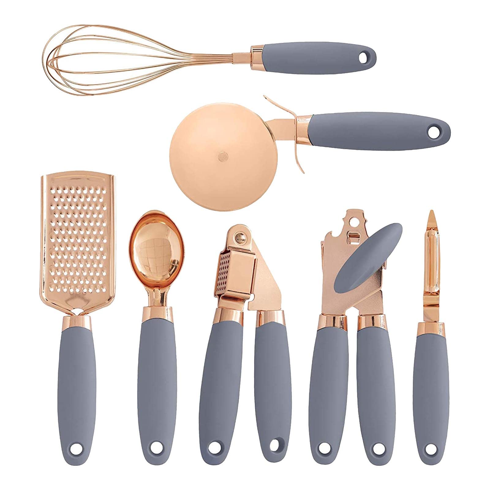7-Piece Stainless Steel Kitchen Utensil Set - Can Opener, Pizza Cutter, Whisk, Garlic Press, Peeler, Scooper & Grater with Anti-Slip Copper Handles - Essential Cooking Tools for Baking, Meal Prep & Everyday Kitchen Use (Gray)