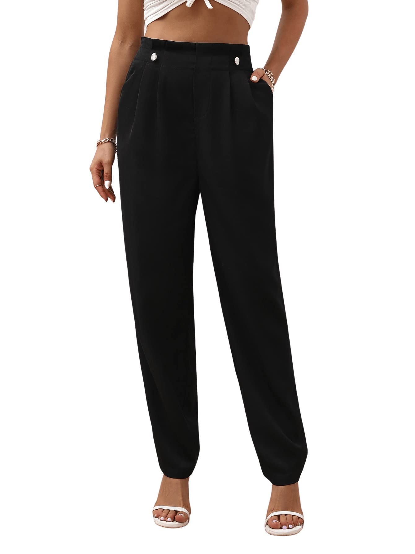 SweatyRocks Women's High Waist Paper Bag Pleated Pants with Pockets - Casual Button Front Trousers for Work, Office & Everyday Wear