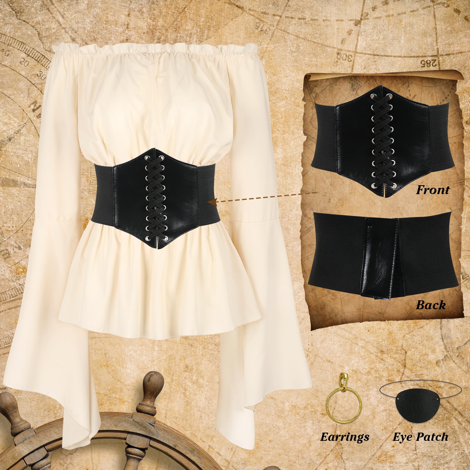 Pirate Costume for Women - Renaissance Blouse, Belt & Headscarf Set | Halloween, Cosplay & Renaissance Fair Outfit