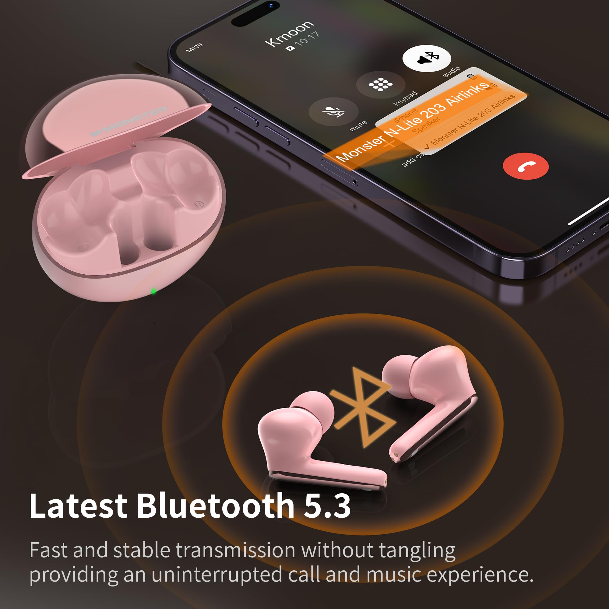 Monster N-Lite 203 Wireless Earbuds Bluetooth 5.3 - HiFi Stereo Sound, 30H Playtime, Crystal Clear Calls, Type-C Fast Charging, IPX6 Waterproof in-Ear Headphones for Gym, Running, Work & Travel